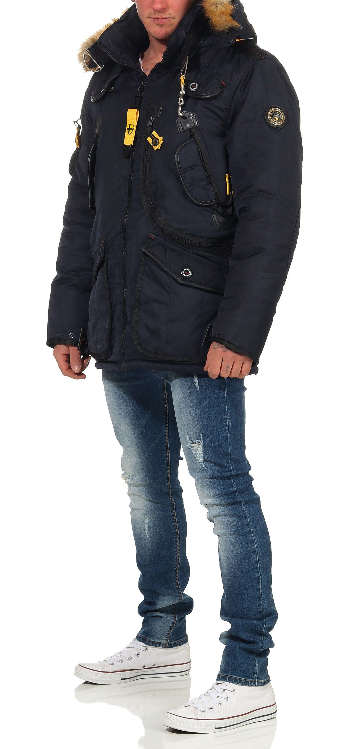 Geographical Norway Winterjacke Herren Multifunktionsparka mit modischem Design in Unifarbe, mit abnehmbarer Kapuze, mit zahlreichen Außentaschen