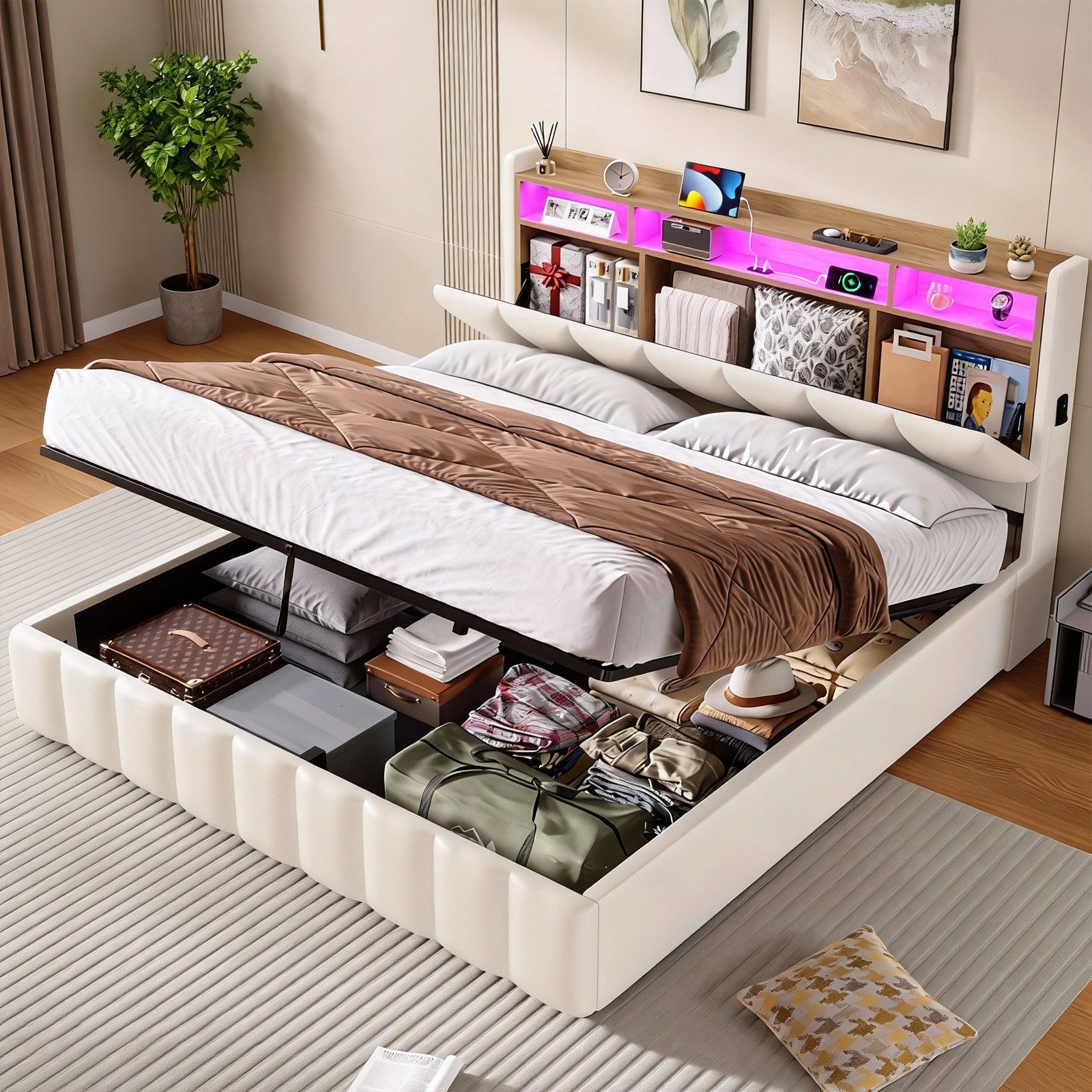 KIMENICH Polsterbett mit LED Beleuchtung und Ladefunktion (1-tlg., Ohne Matratze), Jugendbett Hydraulisches Stauraumbett, 180x200 cm