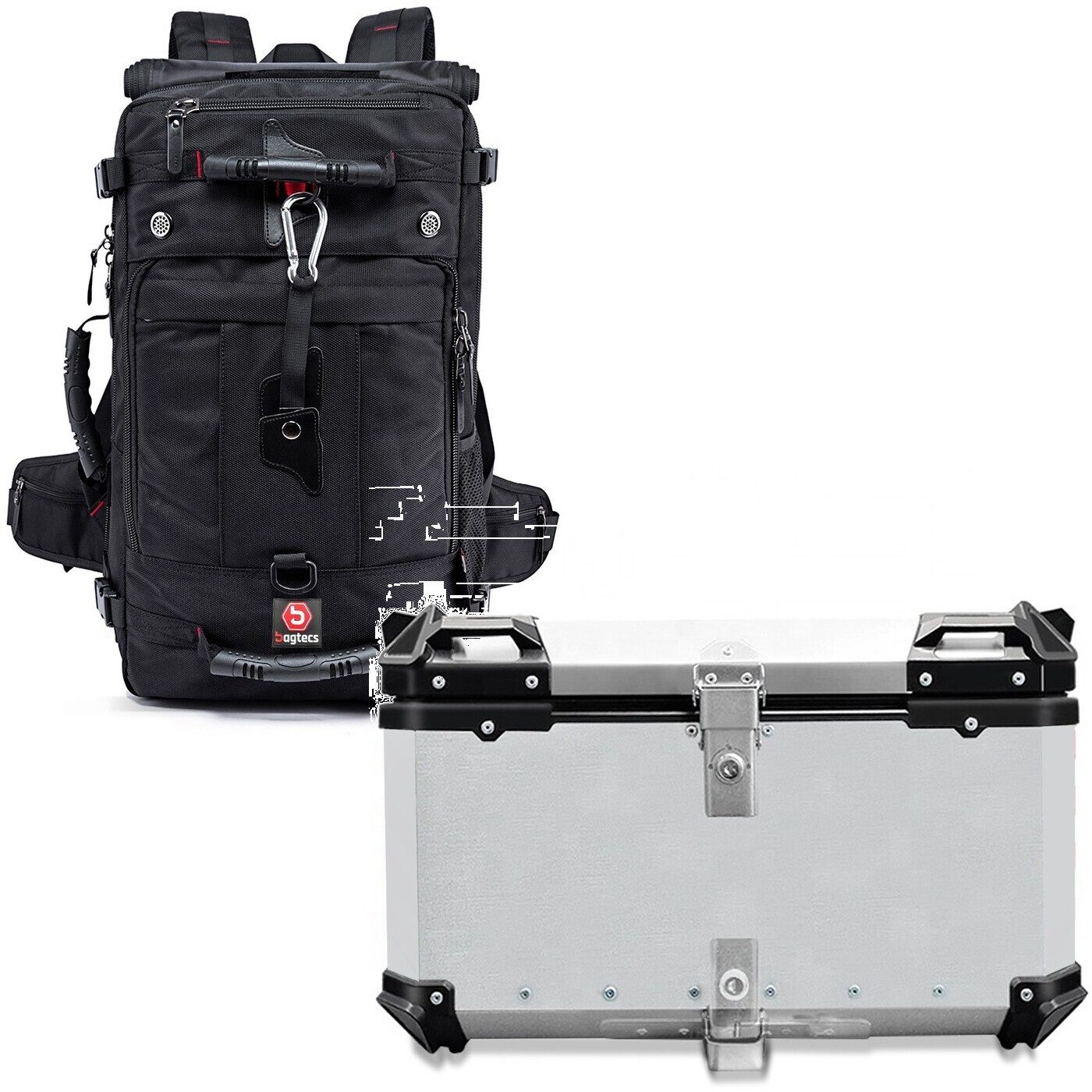 Bagtecs Reisetasche Set: Motorrad Rucksack HK4 45Ltr sw # mit Alu Top Case XB65 Alu univ.