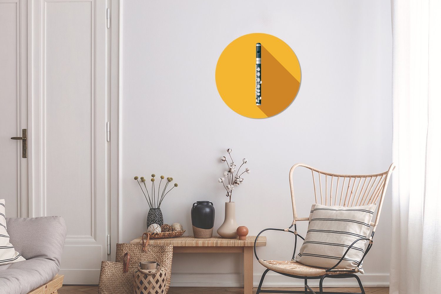 MuchoWow Wandsticker Illustration Wohnzimmer einer St), Flöte Hintergrund einem für gelben Rund, Tapetenaufkleber, (1 Tapetenkreis Kinderzimmer, vor
