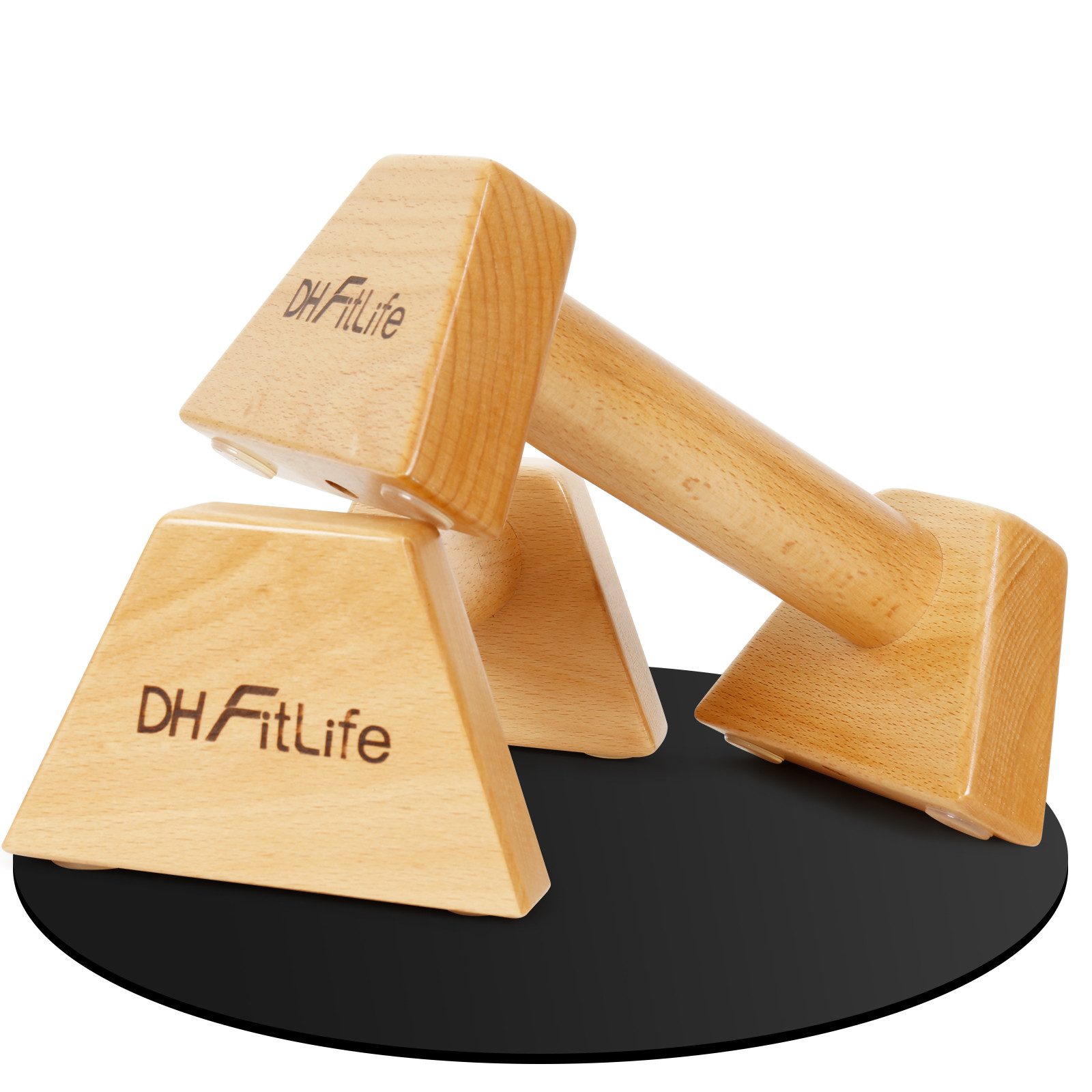 DH FitLife Liegestützgriffe aus Holz - 2x gelenksschonende & rutschfeste Handstand-Griffe (Parallettes, Dip Barren, Push-Up Bars, Calisthenics Equipment für Strength Training), Indoor & Outdoor