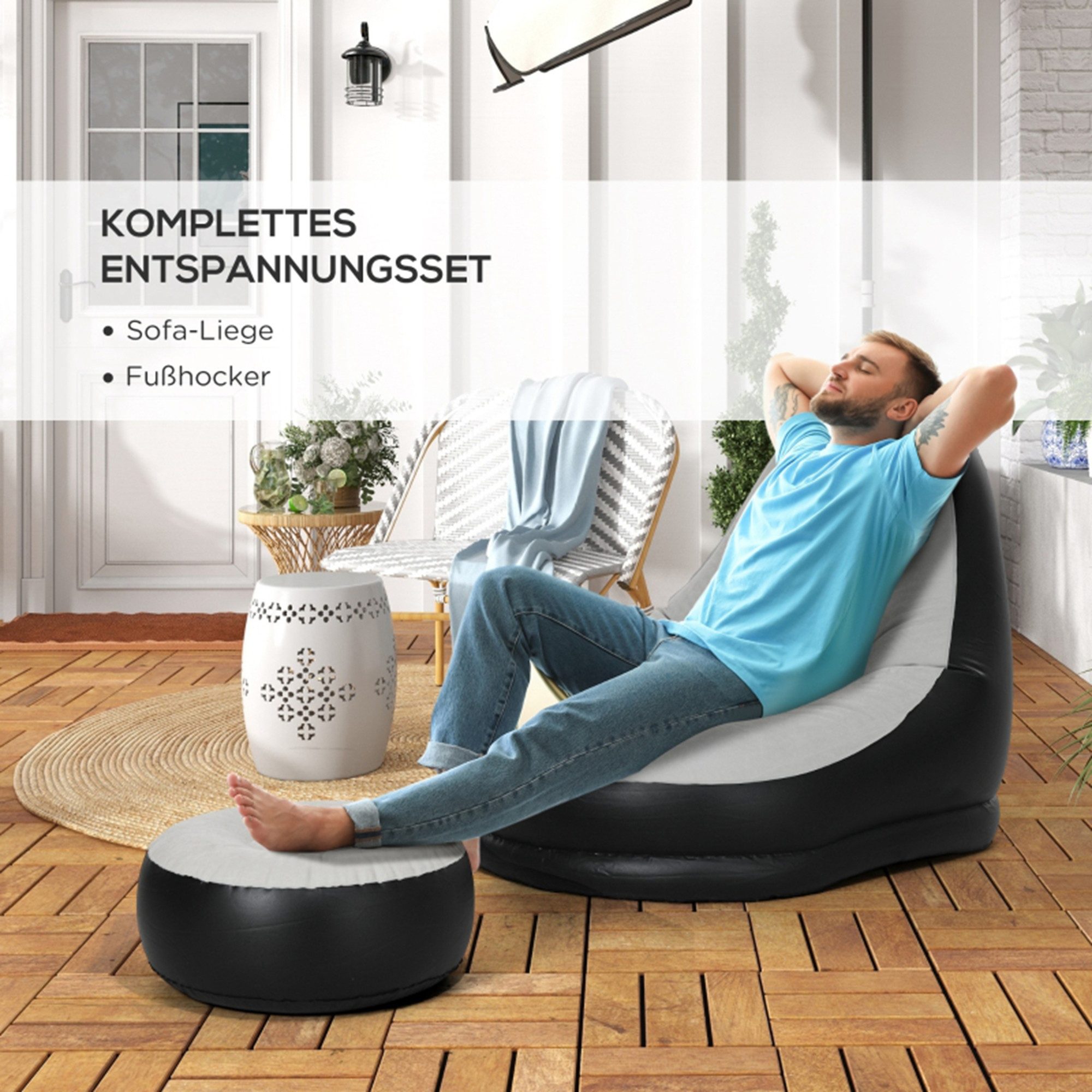 MC Star Luftsofa Aufblasbares Sofa mit Fußhocker, mit Becherhalter, hellgrau, (125x100x87cm, ideal für Camping & Zuhause)