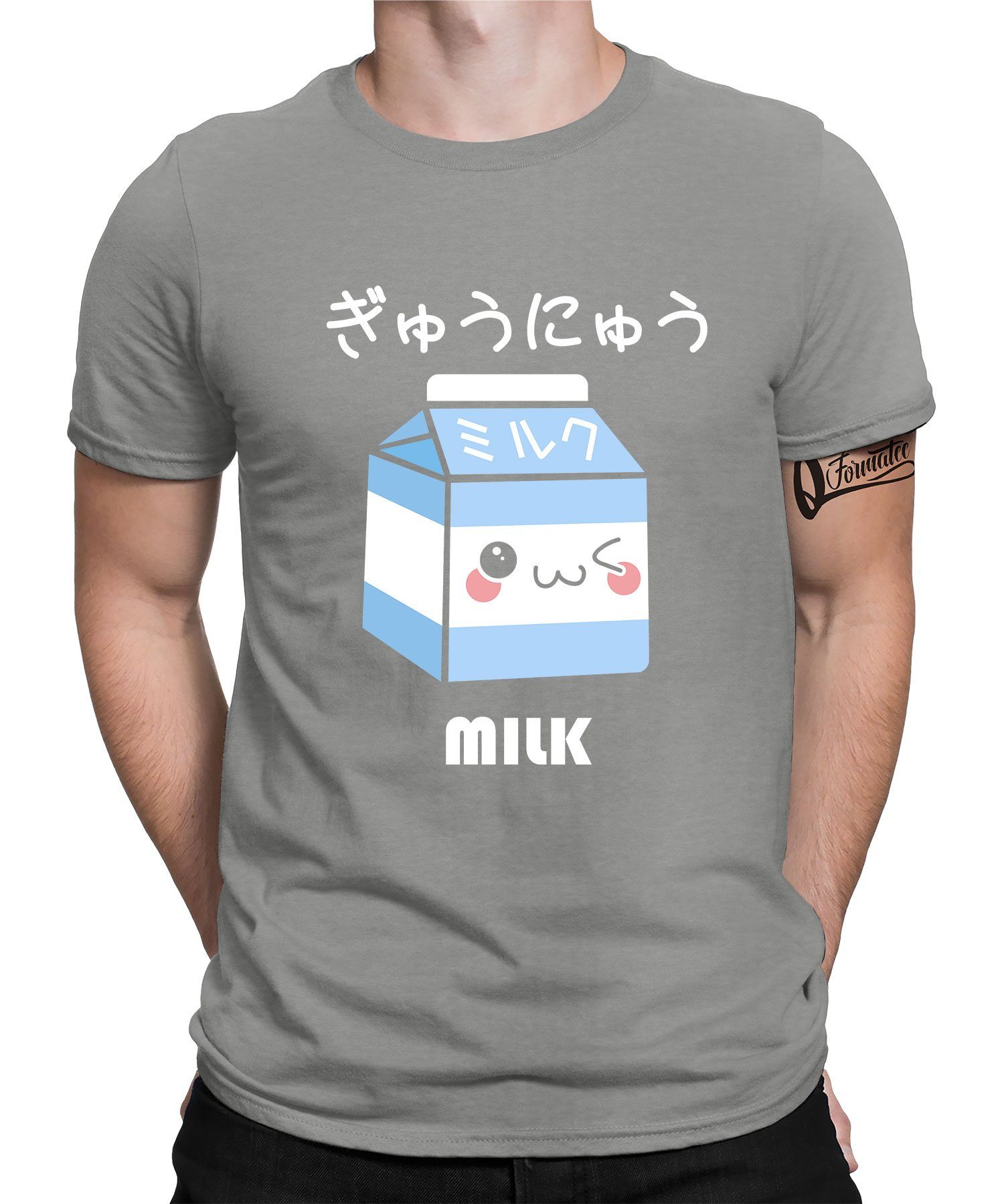 Quattro Formatee Kurzarmshirt Milk - Anime Japan Ästhetik Herren T-Shirt (1-tlg) Heather Grau