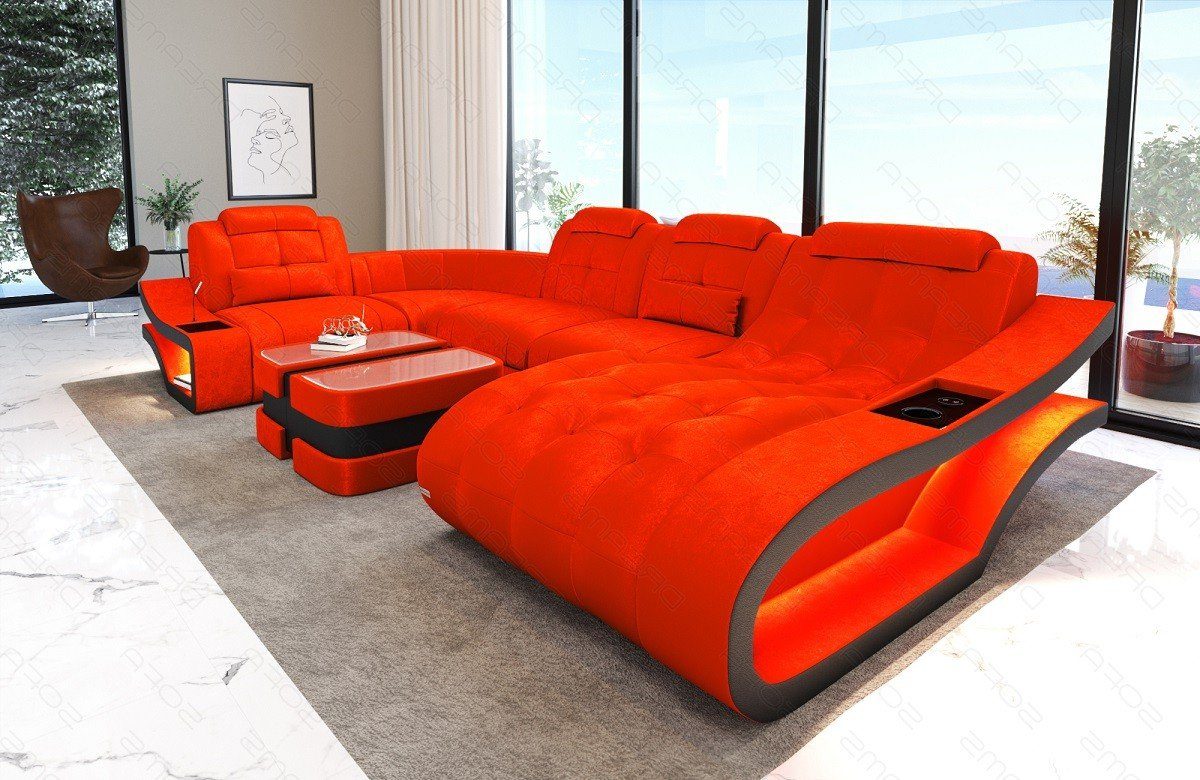 Sofa Dreams Wohnlandschaft Polster Stoff Sofa Couch Elegante S - U Form Stoffsofa, wahlweise mit Bettfunktion orange-schwarz