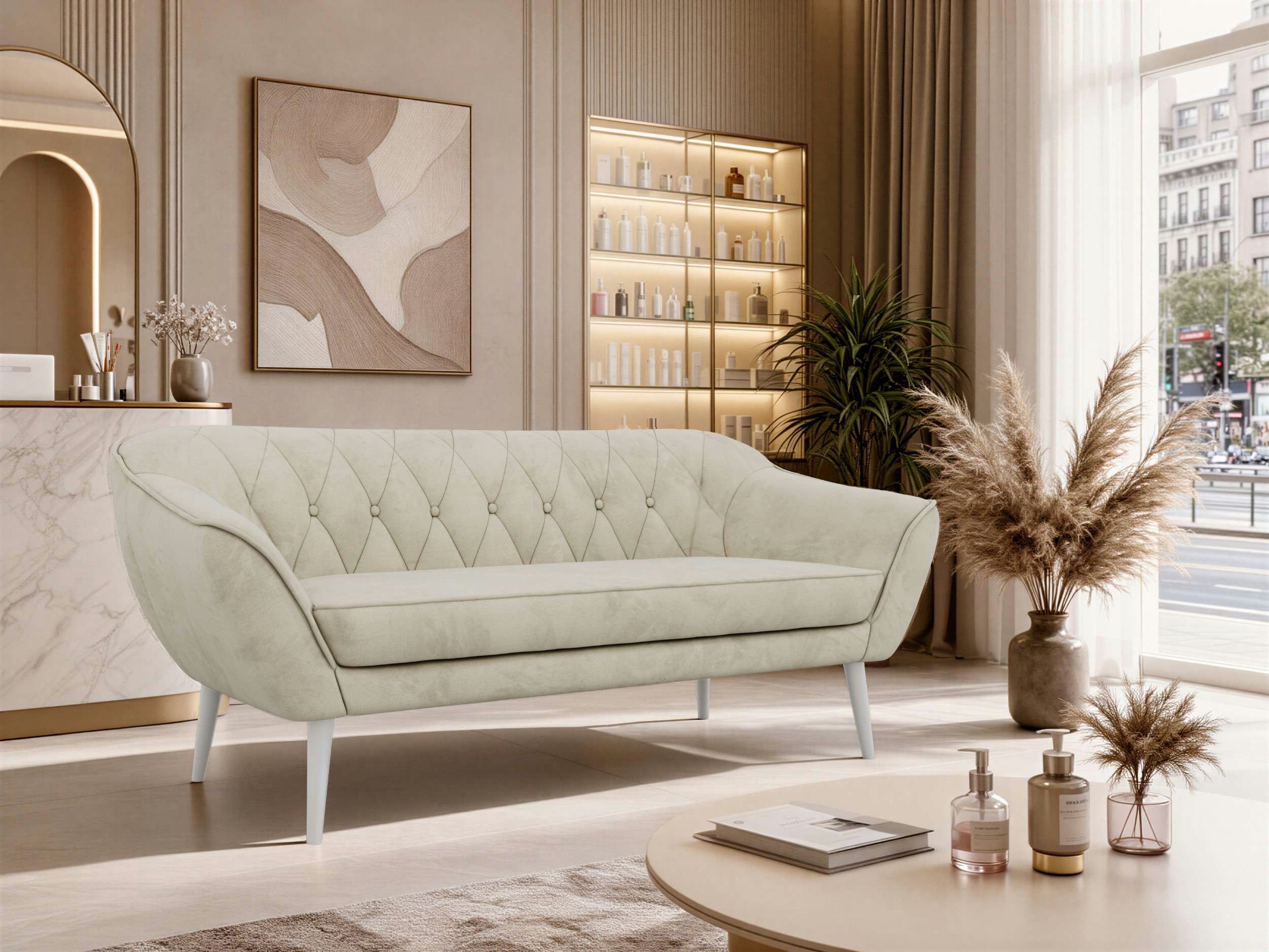 MKS MÖBEL Sofa PIRS, 3-Sitzer, Design mit Steppung, Wellenfederung, Scandi-Design, Füße wählbar