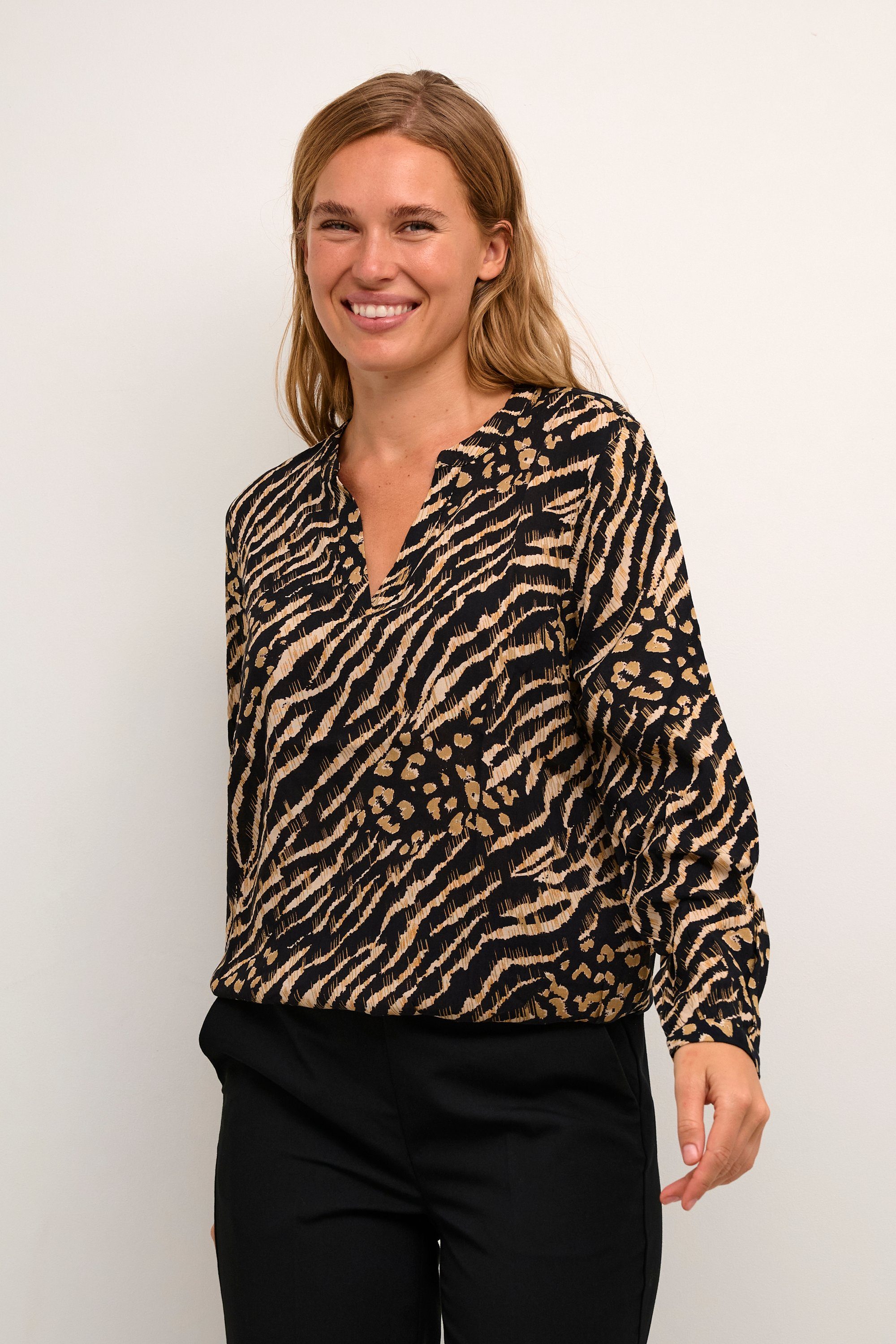 Langarmbluse KAFFE Langarm-Bluse Black Animal Print And Brown KAditte