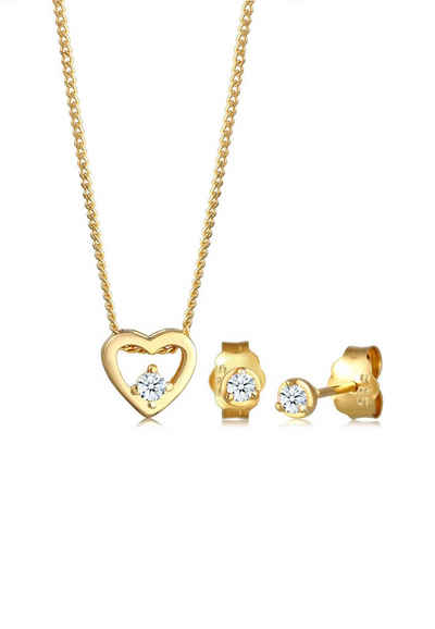 Elli DIAMONDS Schmuckset Herz Liebe Solitär Diamant (0.09ct) 585 Gelbgold