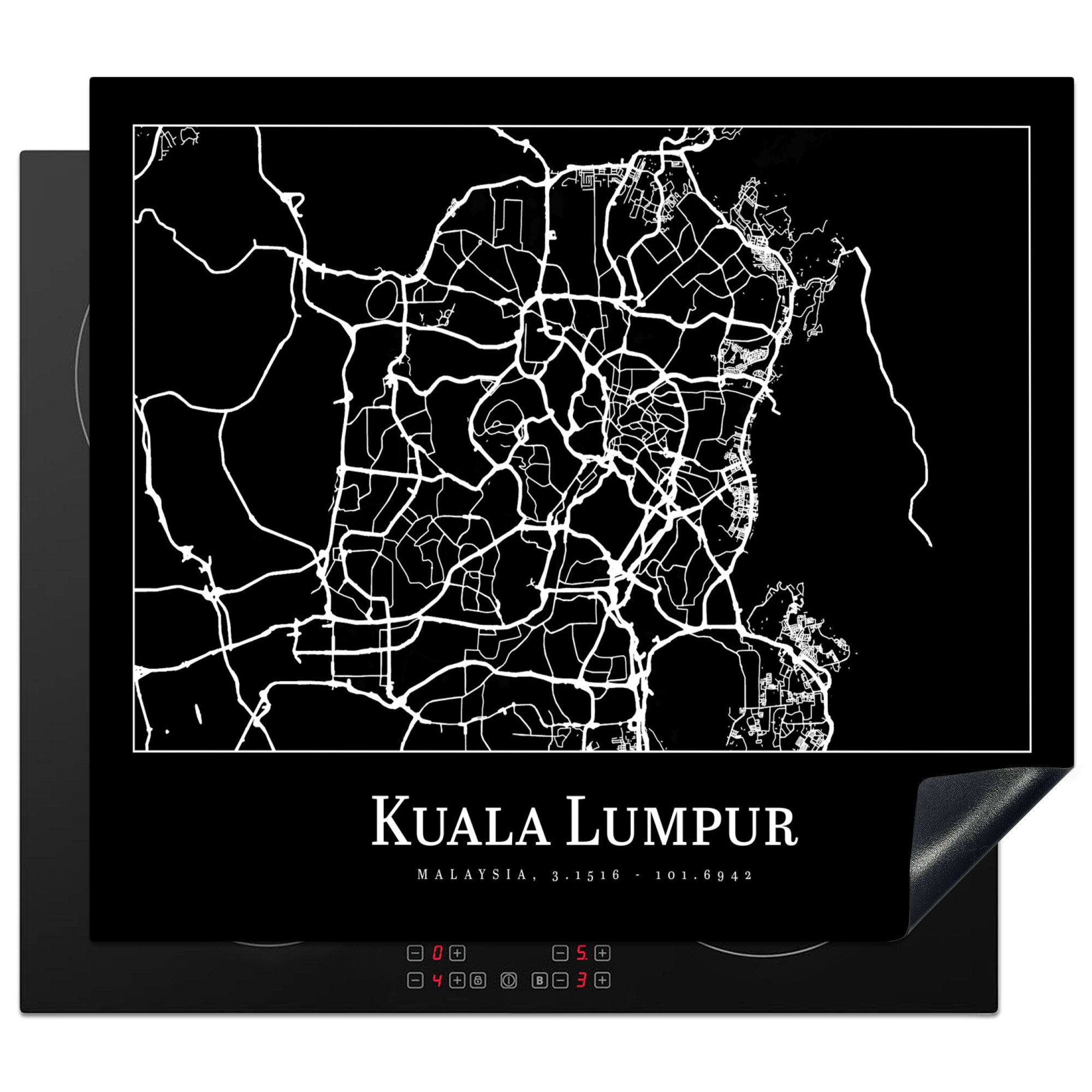 MuchoWow Herdblende-/Abdeckplatte Stadtplan - Kuala Lumpur - Karte, Vinyl, (1 tlg), 59x51 cm, Induktionsschutz, Induktionskochfeld, Ceranfeldabdeckung
