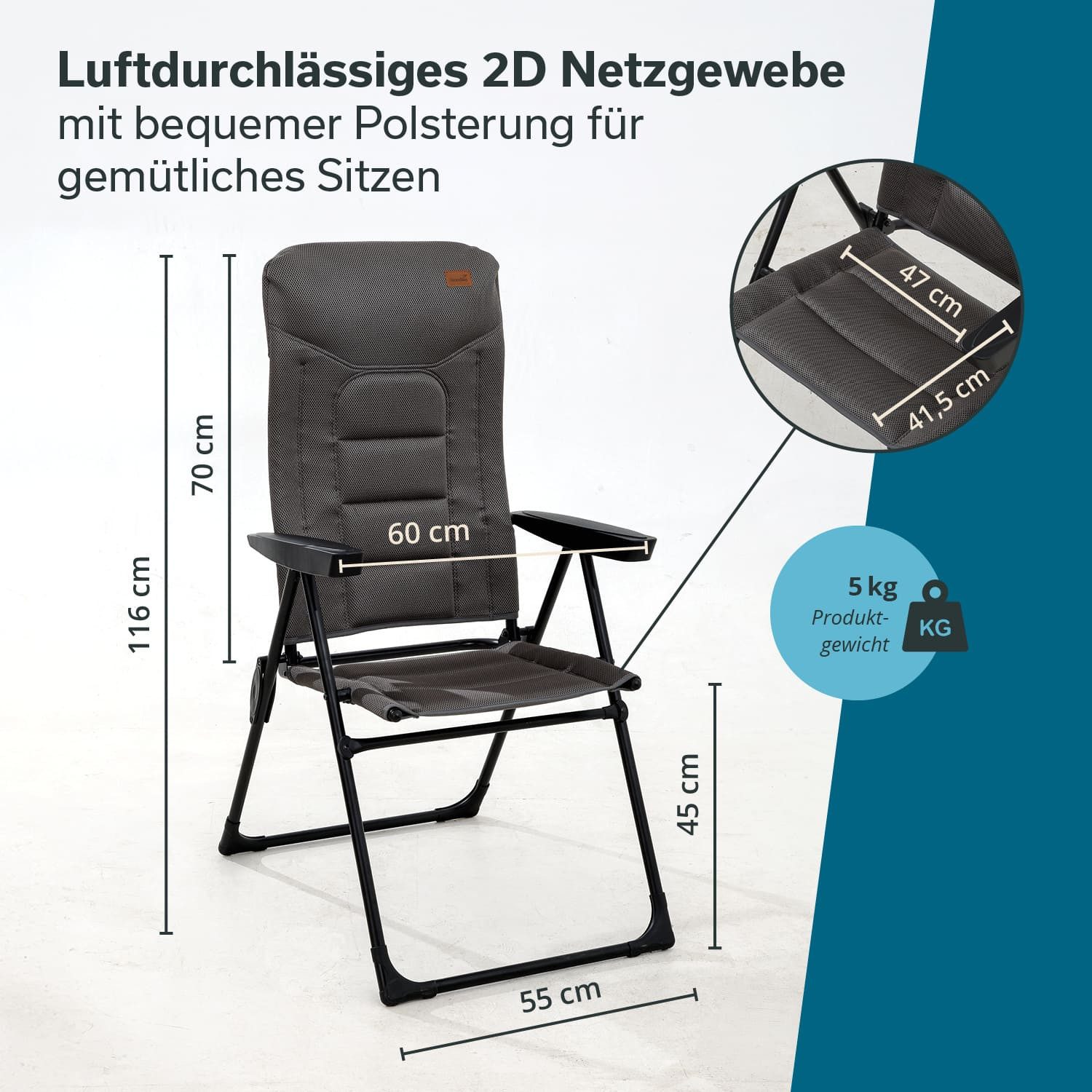 Skandika Campingstuhl Hochlehner Kvist, faltbar, Aluminium & Stahl, gepolstert (Kopfstütze, Anti-Rutsch-Füße, Abmessungen 73 × 60 × 116 cm), verstellbare Rückenlehne, 150 kg belastbar, Sitzhöhe 45 cm