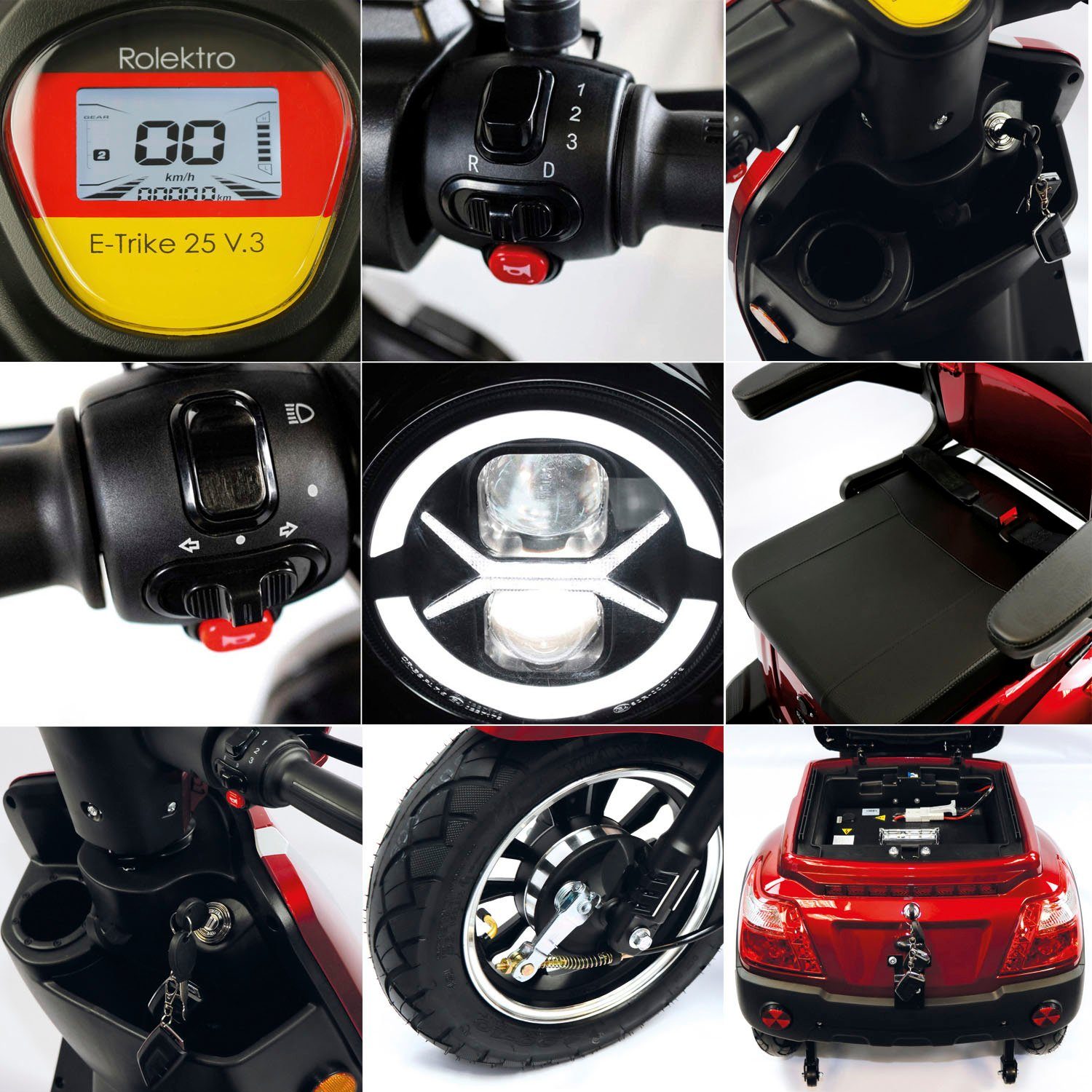 rot 25 Akku, Rolektro E-Trike W, km/h, Topcase) V.3, Elektromobil 1000 Rolektro (mit Lithium 25