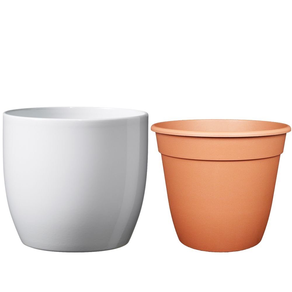 Heimwerkercenter Übertopf Set - Keramikübertopf Basel ø27 cm, weiss glänzend + Pflanztopf ø26