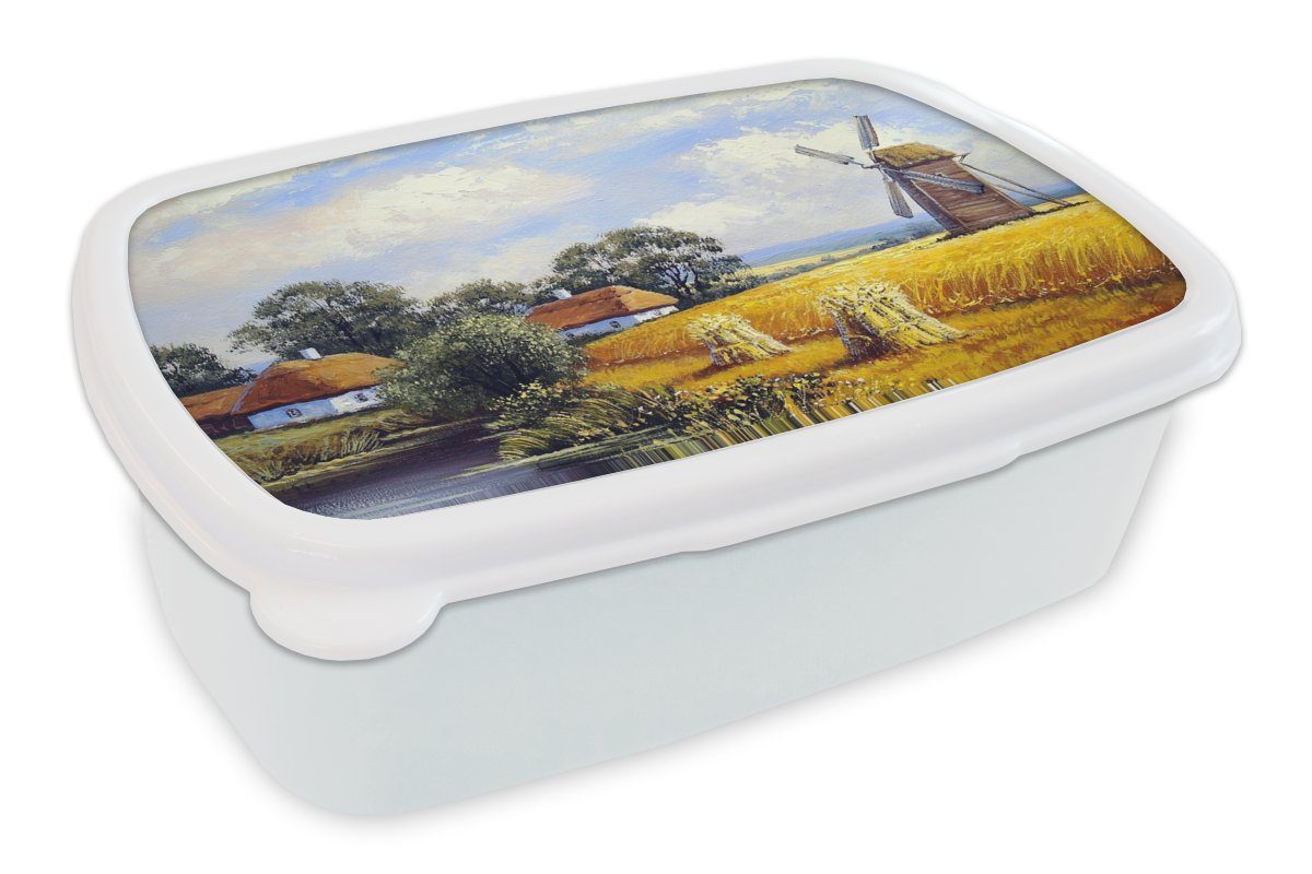 MuchoWow Lunchbox Gemälde - Bauernhof - Mühle - Ölfarbe, Kunststoff, (2-tlg), Brotbox für Kinder und Erwachsene, Brotdose, für Jungs und Mädchen weiß
