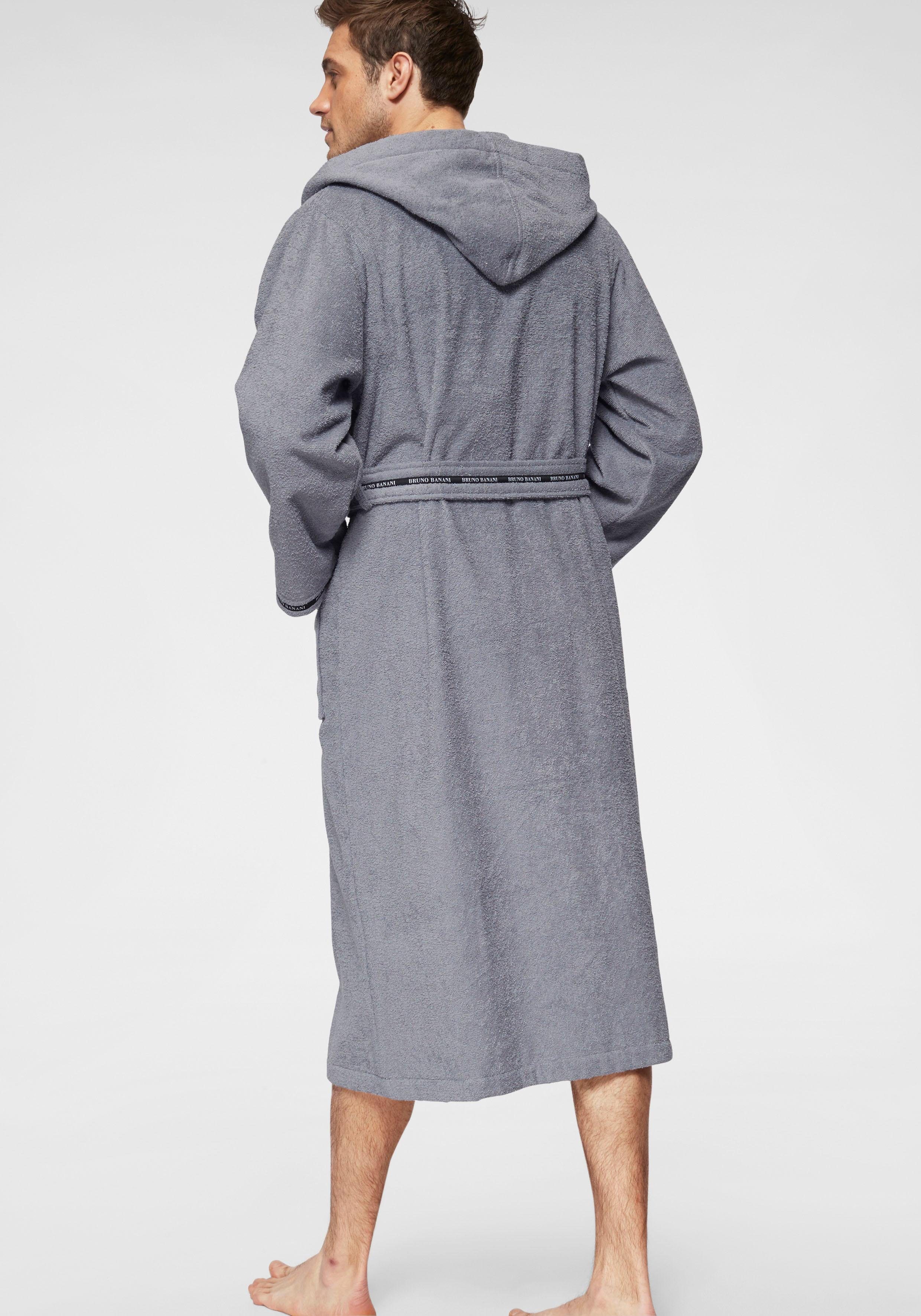 Bruno Banani Herrenbademantel Danny, Normallänge & Überlänge, auch in extra lang, Hotelbademantel, Langform, Walkfrottee, Kapuze, Gürtel, mit Logostreifen, Herren Bademantel aus 100% Baumwolle, S-4XL