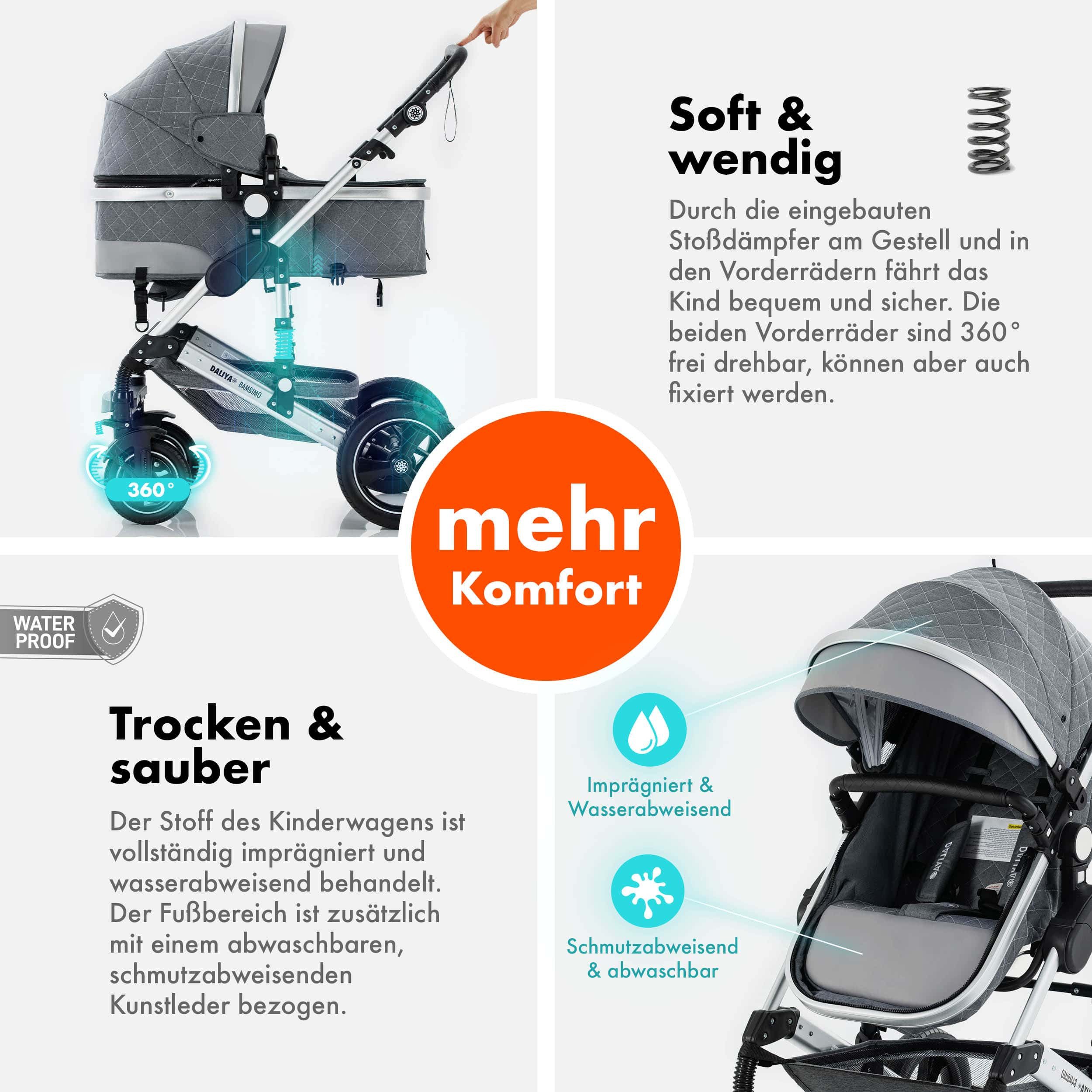 Daliya® Kombi-Kinderwagen BAMBIMO 2in1 Kinderwagen & Buggy, Babywanne und Sportsitz, Alu-Rahmen, (Grundausstattung für Babys, 9-tlg), Großer Einkaufskorb, Feder – Bild 4 von 5