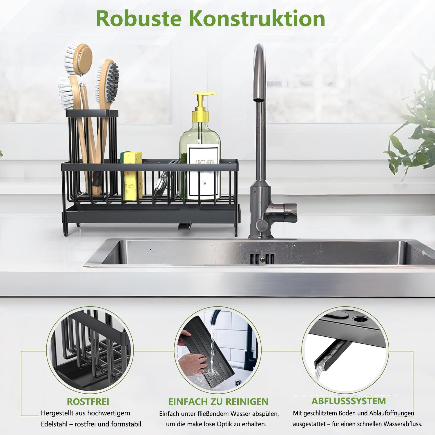 Refined Living Küchenorganizer-Set Küchen Spülbecken Organizer, Sink Caddy Organizer, Schwammhalter, (Aufbewahrung Spülutensilien mit Auto-Abfluss und 360° Dreh – Bild 4 von 5
