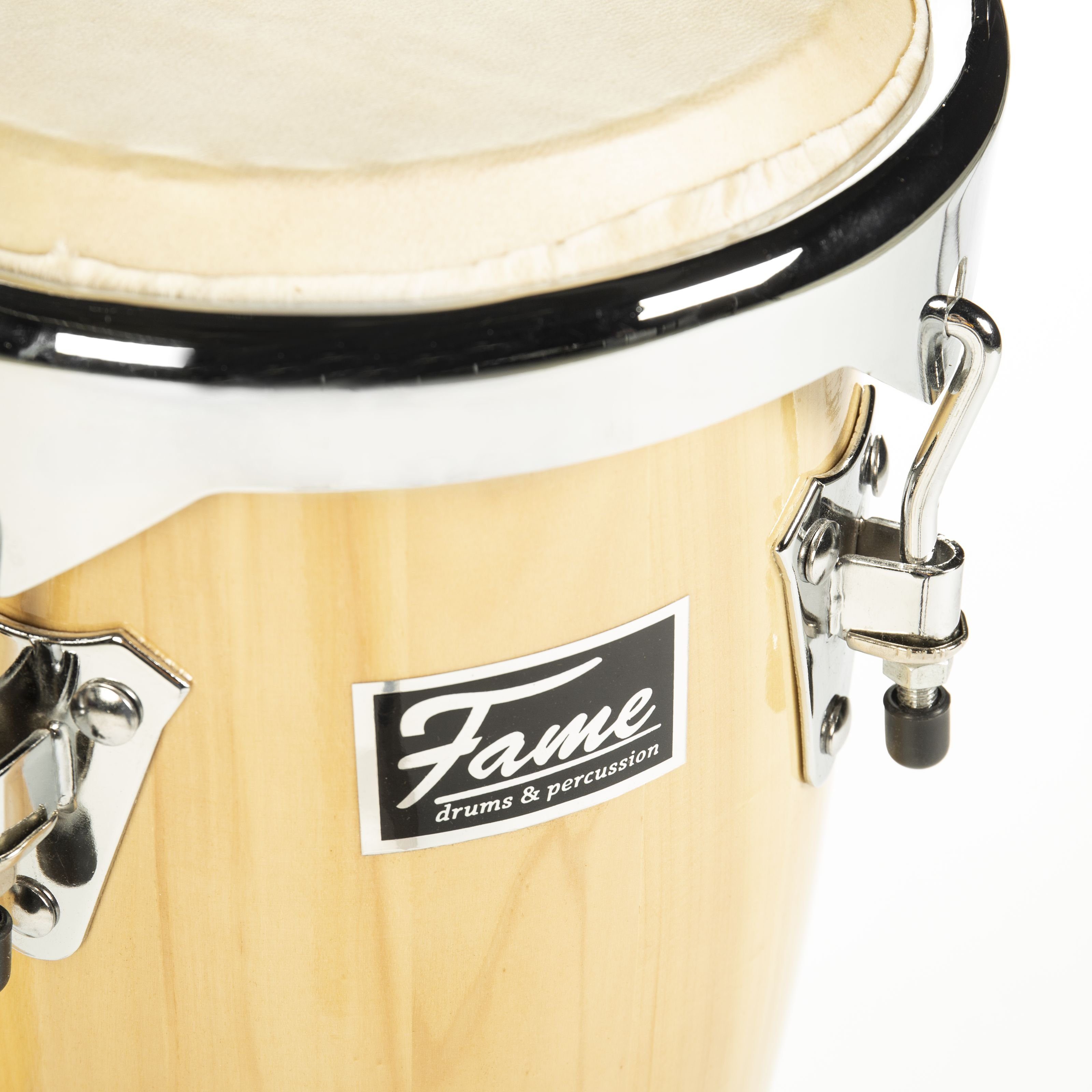 FAME Conga,Junior Conga Set 8"+9" Natural Gelb Ahorn inkl. Ständer Mechanisch Spannbares Stimmbares Büffelfell Chrome Kessel-Hardware Ideal für Einsteiger und Profis", Percussion, Congas, Junior Conga Set, Conga Set für Einsteiger, Conga Set mit Büffelfell