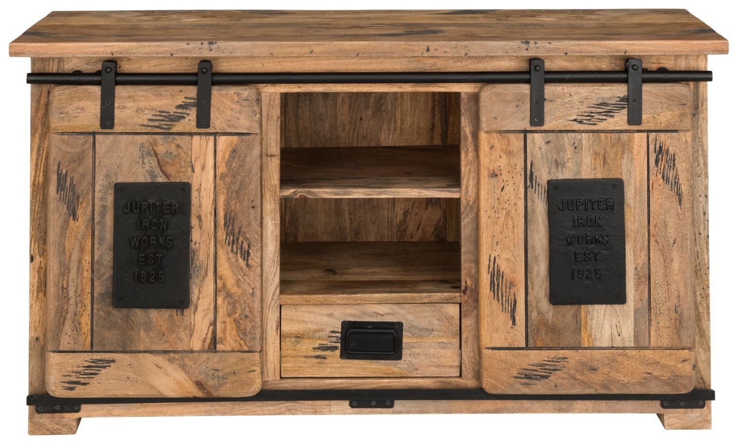 bene living Kommode Florenz - 128 cm - Mangoholz, Massivholz - Schiebetüren, Schublade und Regale - Ess- und Wohnzimmer