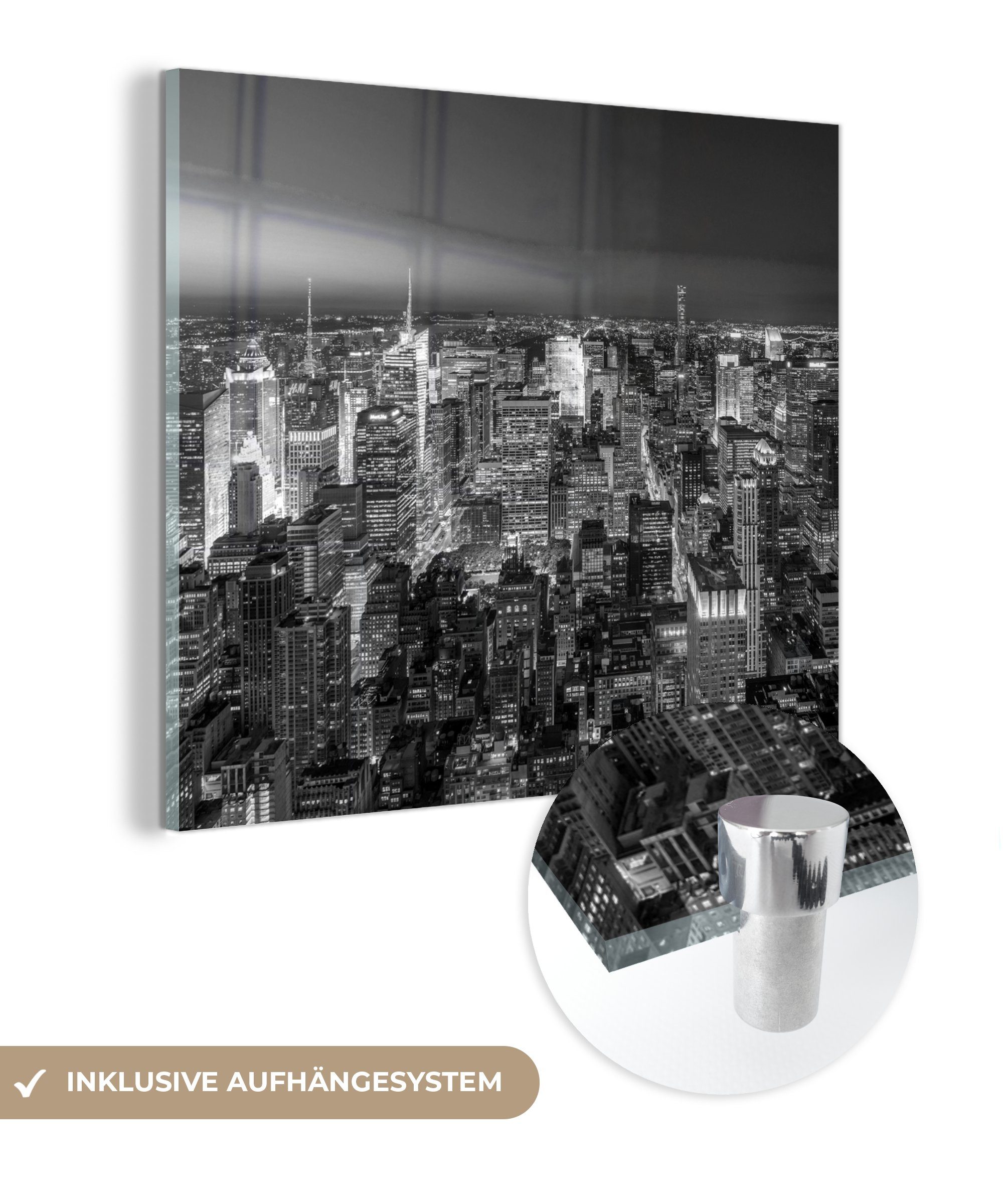 MuchoWow Acrylglasbild New York bei Nacht - schwarz und weiß, (1 St), Glasbilder - Bilder auf Glas Wandbild - Foto auf Glas - Wanddekoration