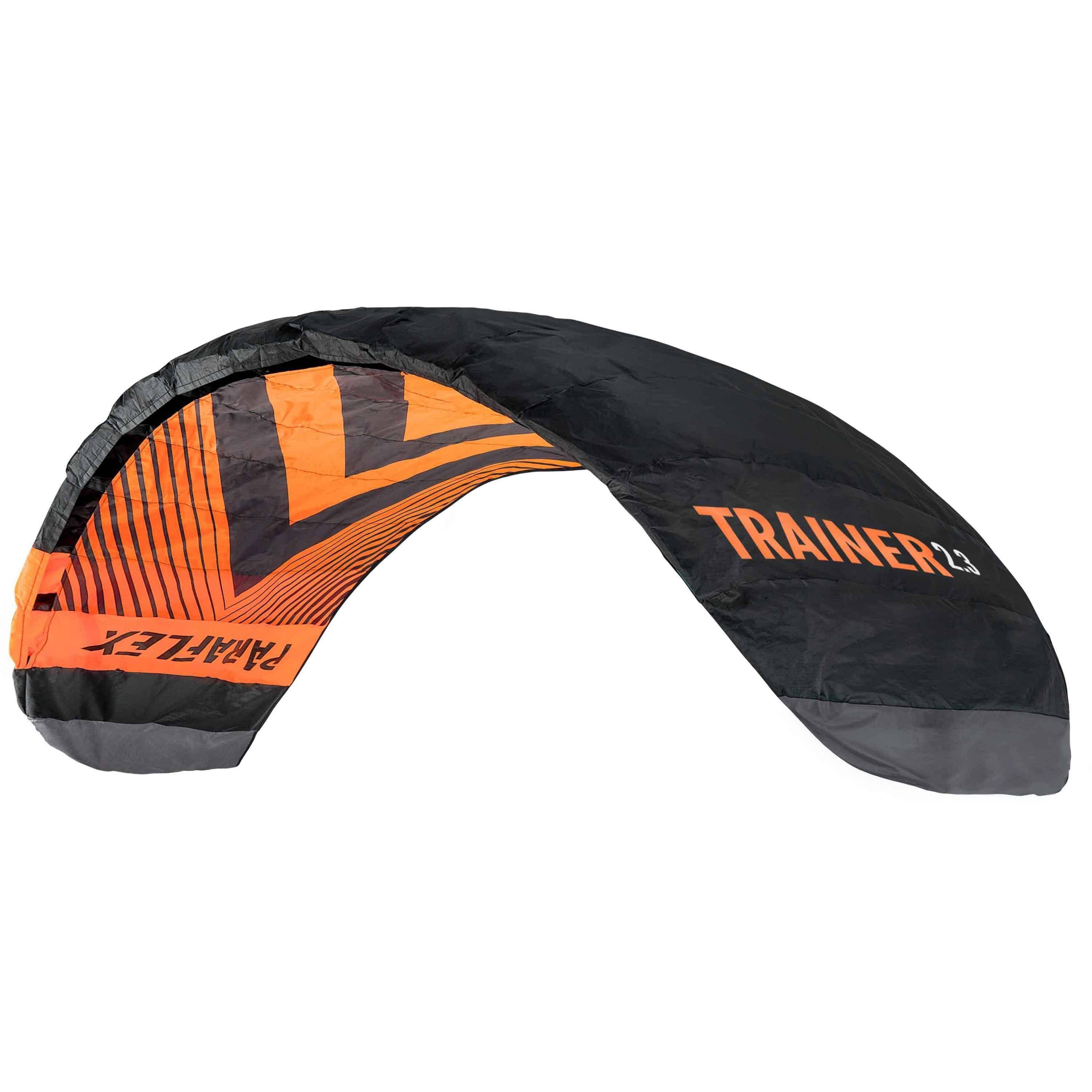 Wolkenstürmer Kite Paraflex Trainer 2.3 Lenkmatte 230 cm, (Actionkite Stunt Kite für Erwachsene 1,7 m² Fläche, 1-tlg), Ready to Fly Powerkite mit Trainerbar für Kitesurfing (schwarz-orange)