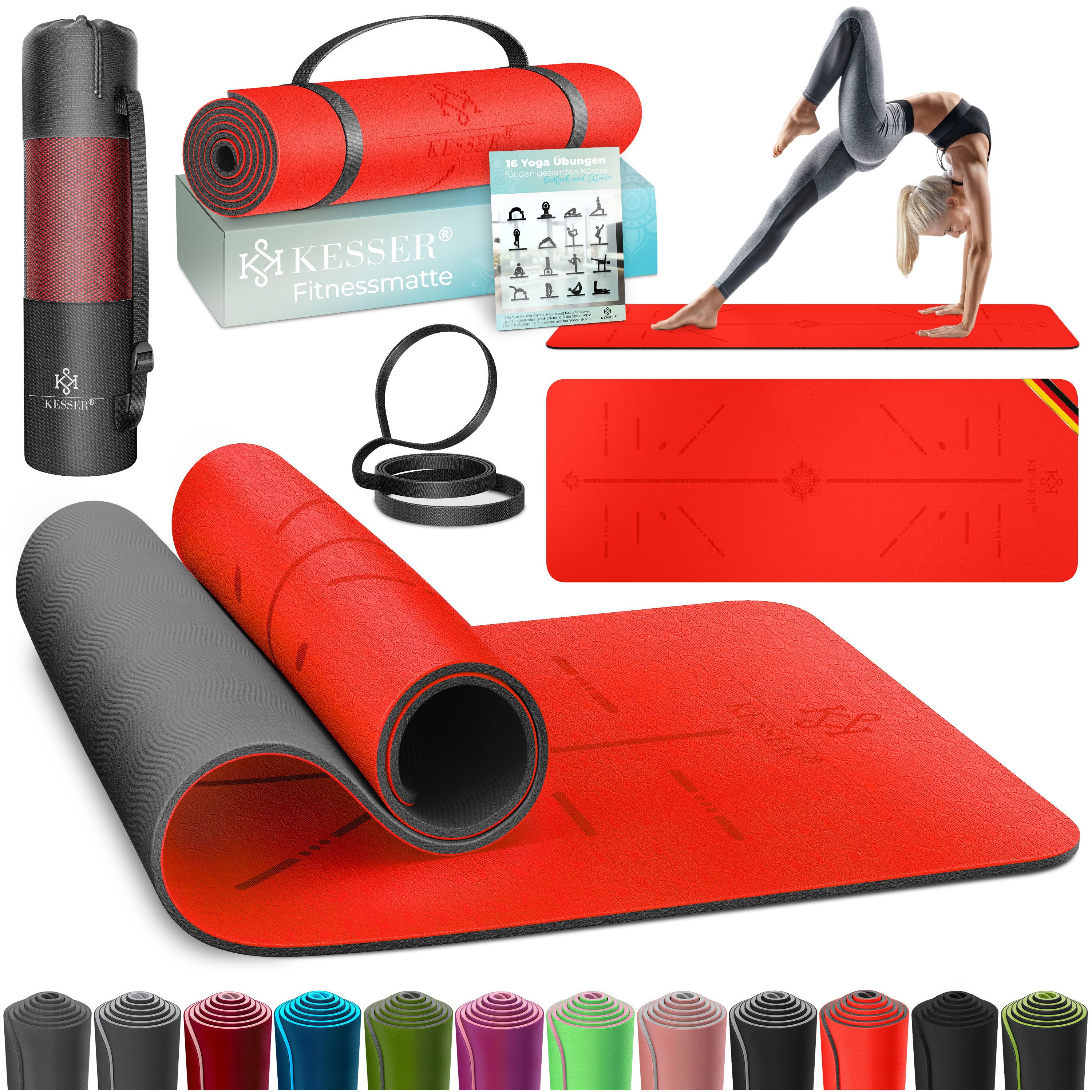 KESSER Yogamatte, Gymnastikmatte + Tragegurt rutschfest TPE Yogamatte gepolstert