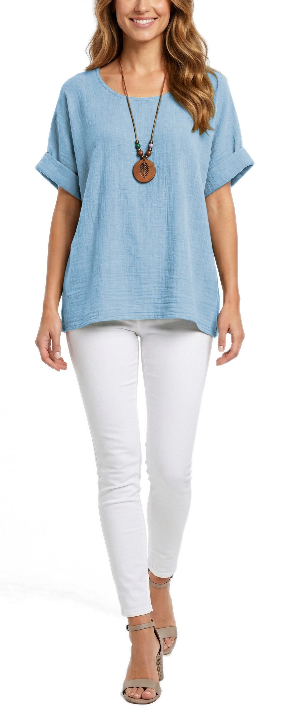 dy_mode Kurzarmbluse Damen Kurzarm Bluse Leichte Sommer Tunika Baumwollbluse Oberteil in Unifarbe, mit passende Kette