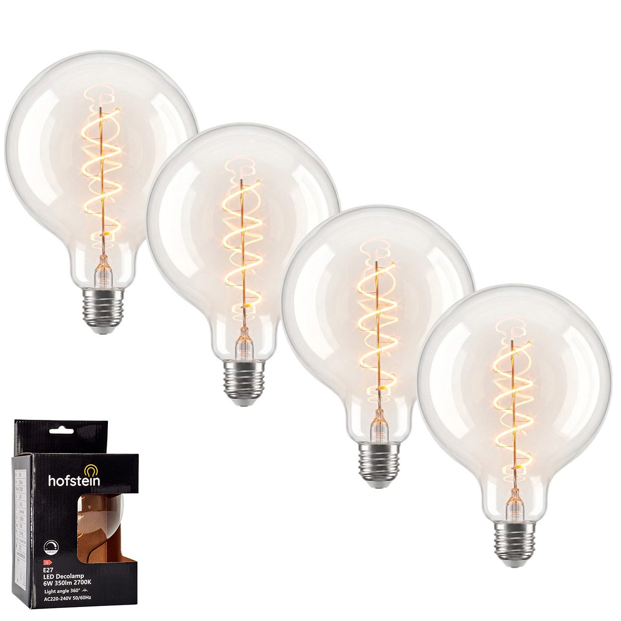 hofstein LED-Leuchtmittel 4er Set Glühbirne Warmweiß dimmbar 6 Watt, E27, 2700 Kelvin, 350 Lumen, Globe Vintage, Filament Spirale, Klar