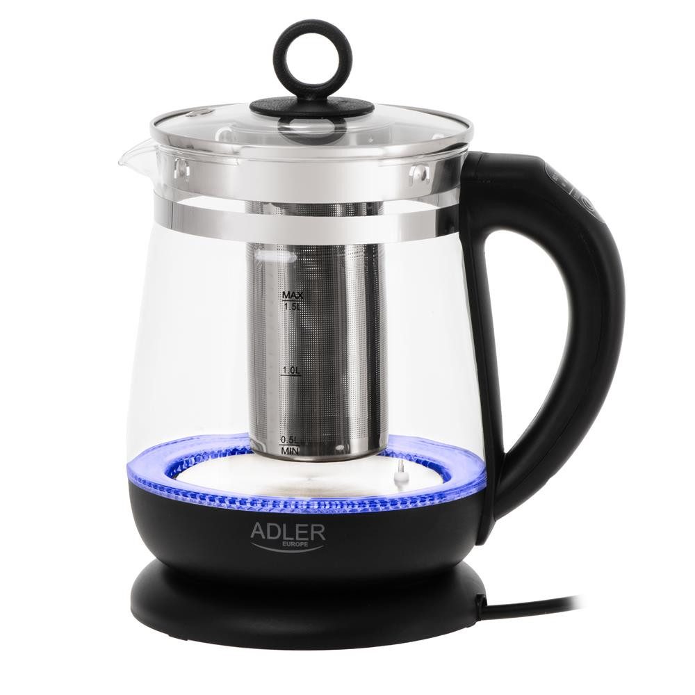Adler Wasserkocher AD 1299, 1850 W, 1,5 l Glas Wasserkocher mit Teesieb, Temperaturregelung, LED, schwarz
