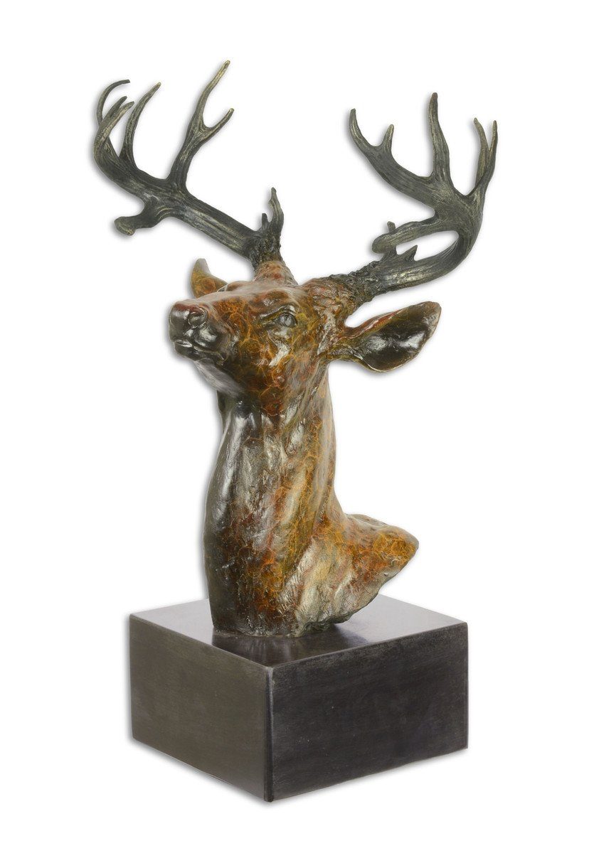 Casa Padrino Dekofigur Luxus Bronze Skulptur Hirsch Kopf 23,2 x 31,8 x H. 51,5 cm - Bronzefigur mit Marmorsockel - Deko Accessoires