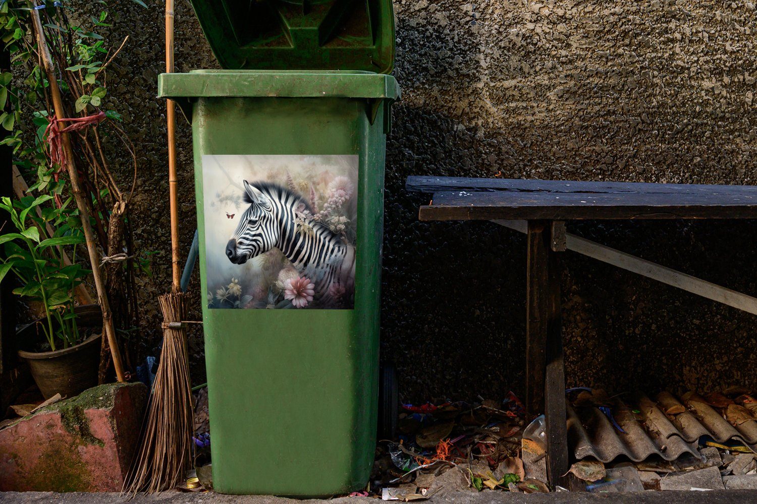 Mülleimer-aufkleber, Zebra Mülltonne, (1 - Wandsticker MuchoWow Abfalbehälter - Wilde - Schmetterling Blumen Container, St), Tiere Sticker,