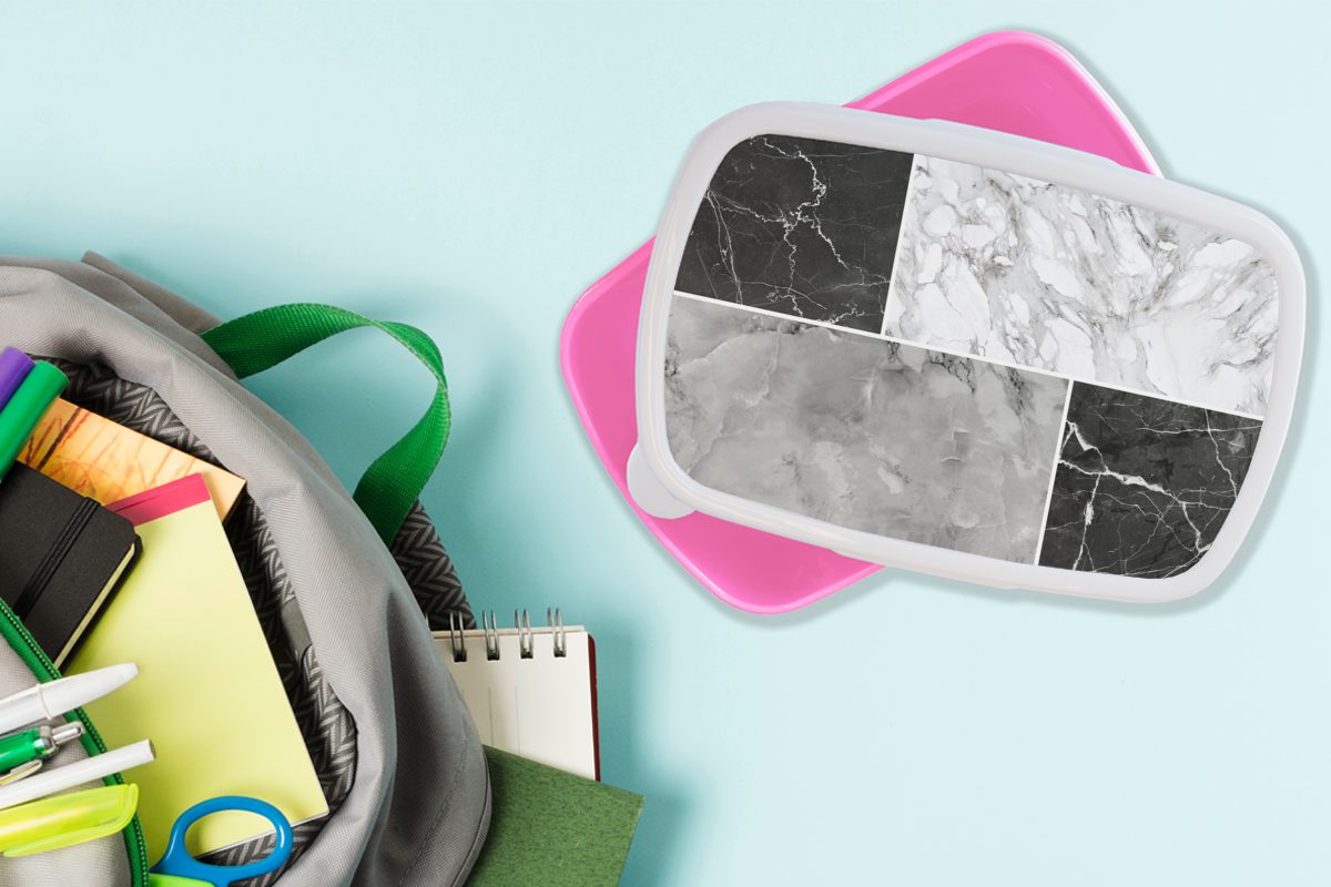 Weiß Kinder, Kunststoff, - Mädchen, (2-tlg), - Schwarz Grau, Brotdose rosa Brotbox Kunststoff für Marmor MuchoWow Erwachsene, - Snackbox, Lunchbox
