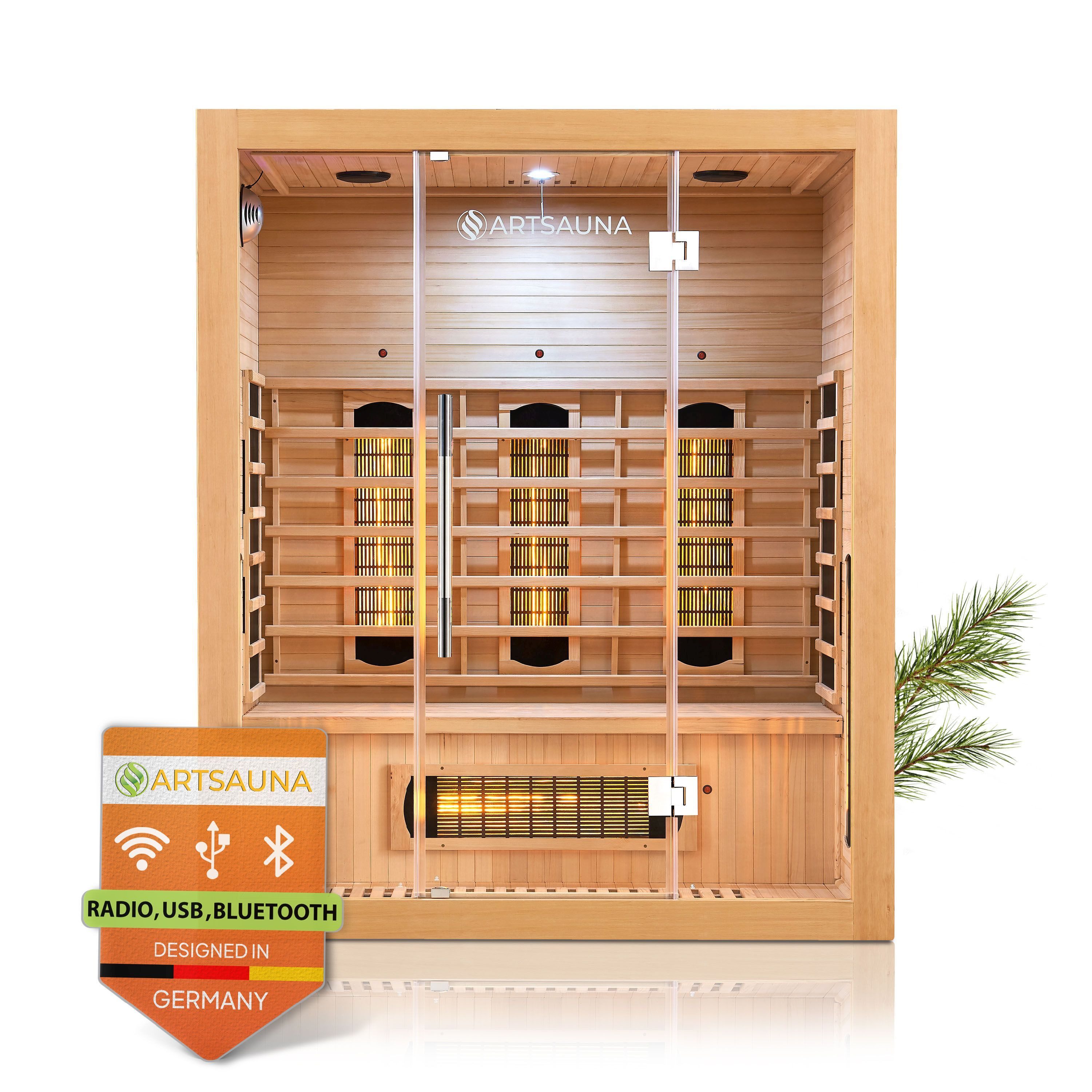 Artsauna Infrarotkabine Kiruna160 Dual Technologie, BxTxH: 160 x 105 x 190 cm, für 3 Personen, Hemlockholz, HiFi-System, Bluetooth, LED-Farblicht