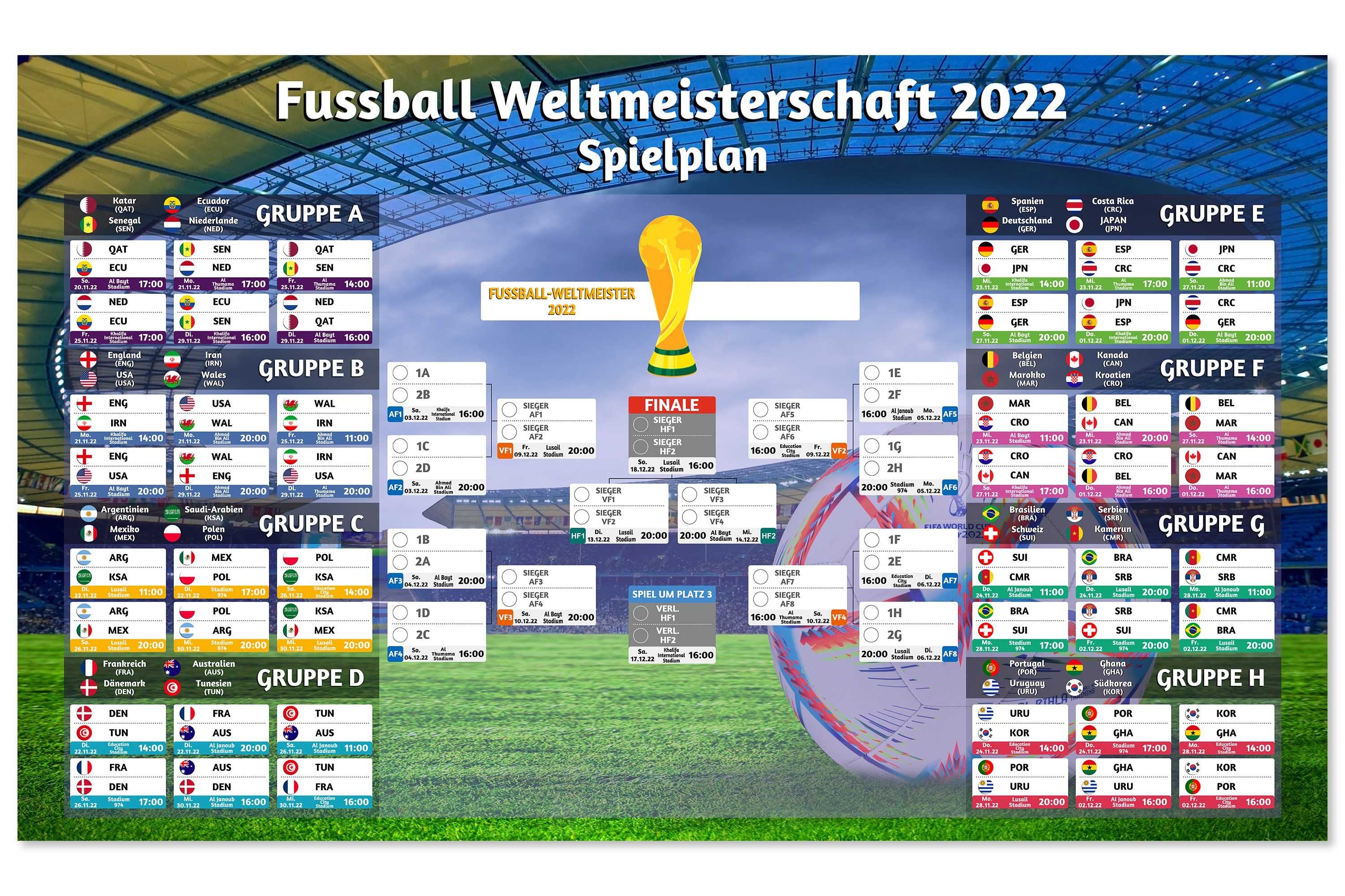 GalaxyCat Poster Fußball WM Poster, Spielplan Weltmeisterschaft, Weltmeisterschaft 2022, WM 2022 Spielplan