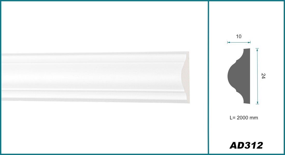 Hexim Perfect Stuckleiste AD 312, Flachleiste aus PU Serie 1 - Stuckleiste glatt, weißes Zierprofil, hart & stoßfest - Wandleiste vorgrundiert