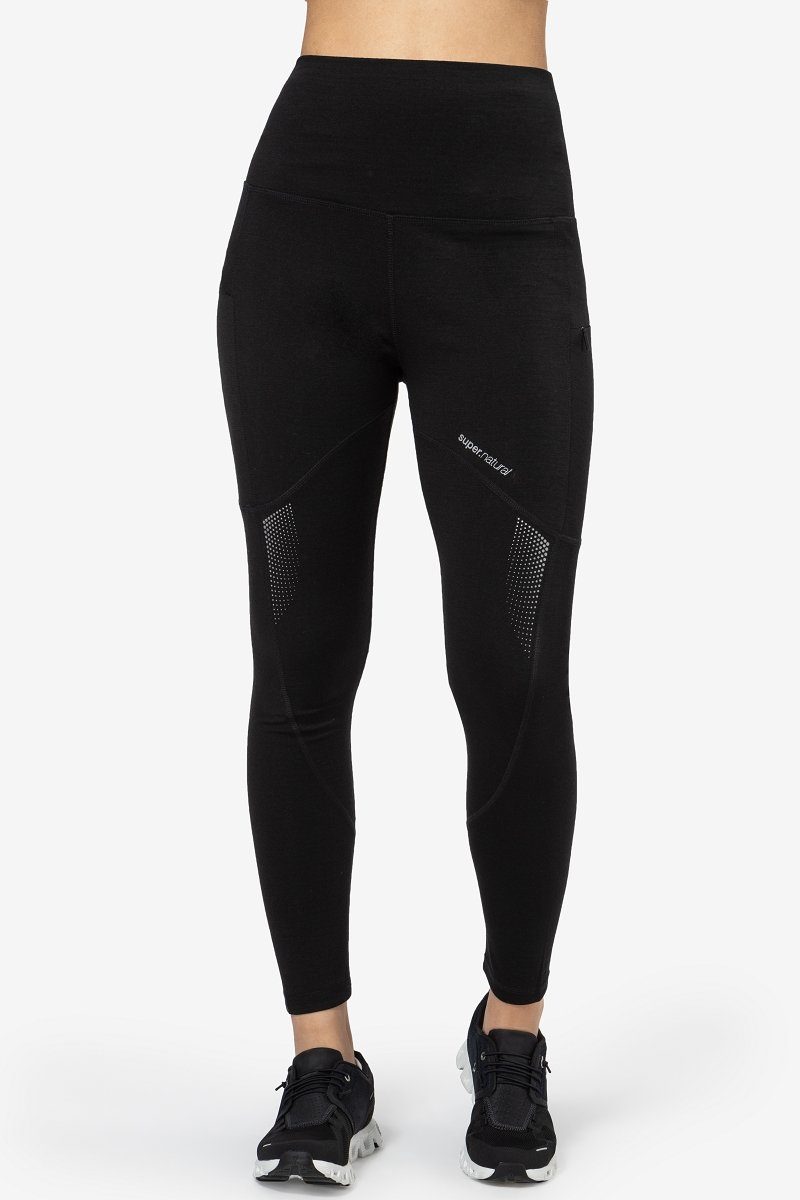 SUPER.NATURAL Funktionstights Funktionelle Running-Tights mit Reflektoren Merino-Materialmix mit reflektierenden Logos
