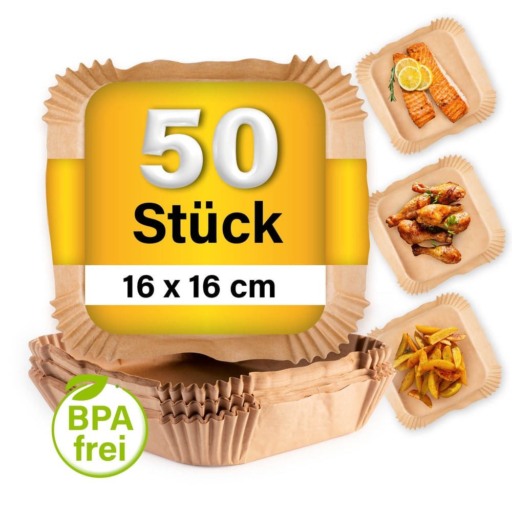 GOURMETmaxx Backpapier für Airfryer 2 bis 5 Liter - 50 Stück – 16 x 16 x 4,5cm, Airfryer Heißluftfritteuse Einwegschalen Baking Paper