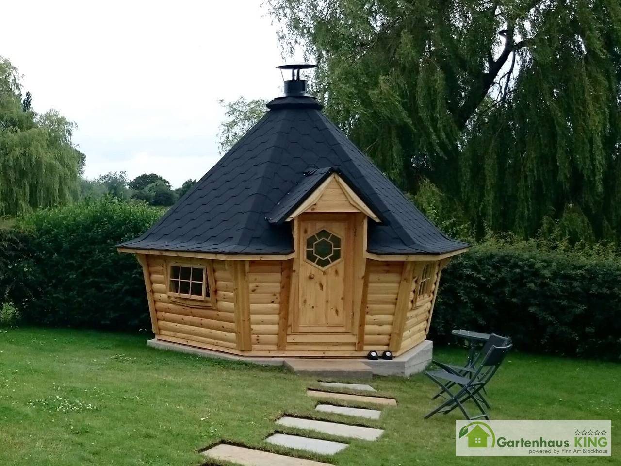 Finn Art Blockhaus Grillkota Grillpavillon 6-eckig Exklusiv 7 max. 12 Personen, BxT: 368x319 cm, Schindeln schwarz, mit Grillanlage, mit 28 mm Fußboden