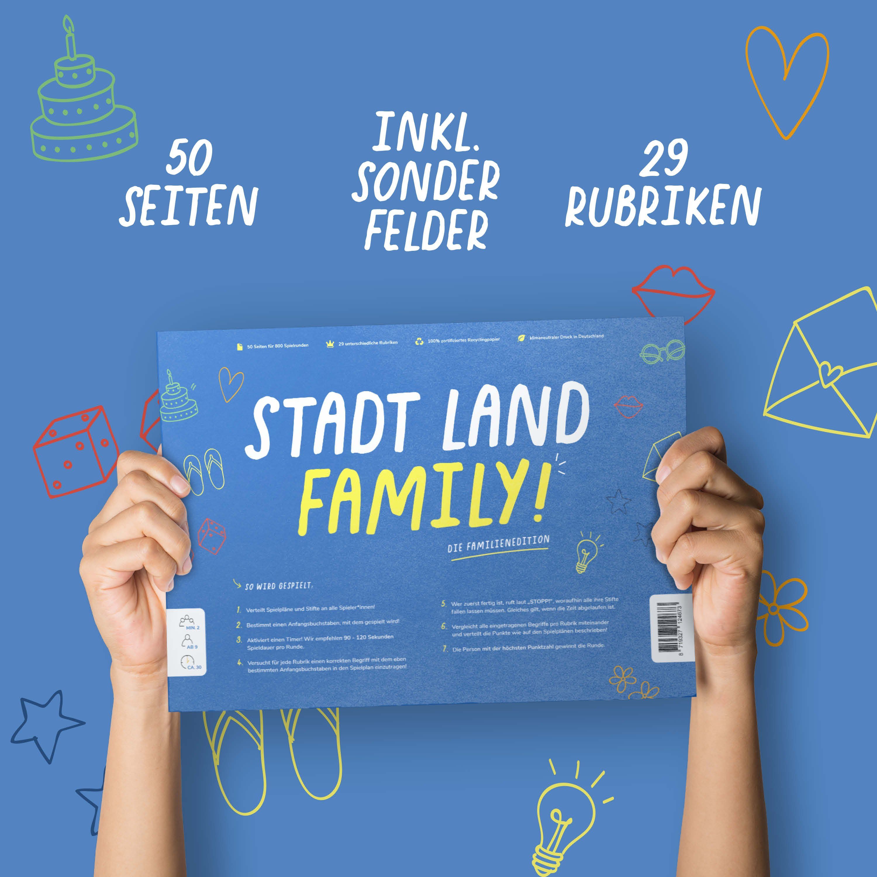 gedruckt, LAND Familien, FAMILY, Recyclingpapier STADT Denkspiel Klimaneutral für Spiel, Familienspiel 100% Pihu