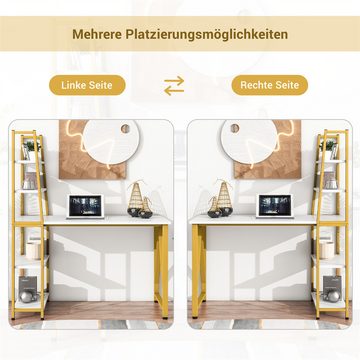 Sweiko Computertisch mit 5 Tier Bücherregal Schreibtisch,120cm Bürotisch (Weiß + Gold)