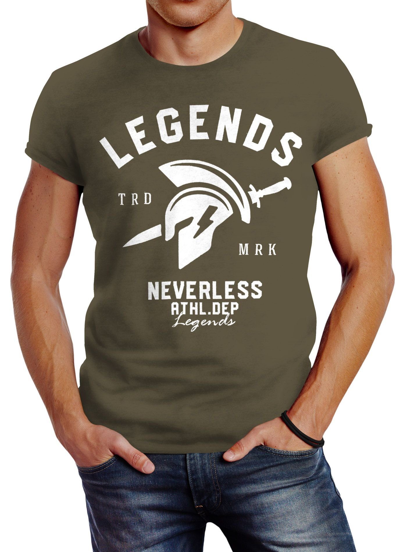 mit Gym Print-Shirt Herren Print Neverless® Legends Sparta T-Shirt Neverless Gladiator Sport Cooles Fitness Athletics grün