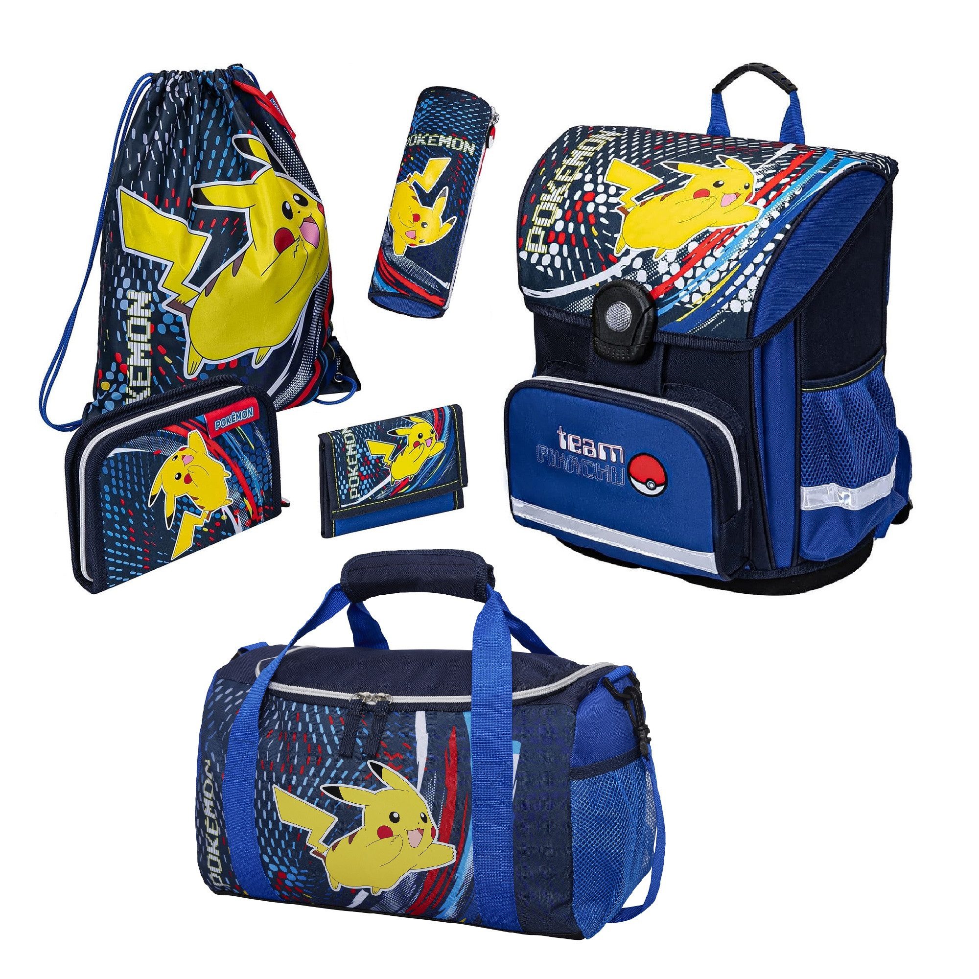Familando Schulranzen Pokemon für Kinder von der 1. bis 4. Klasse, Ergonomisch & Leicht (Set, 6-tlg), mit großer Sporttasche