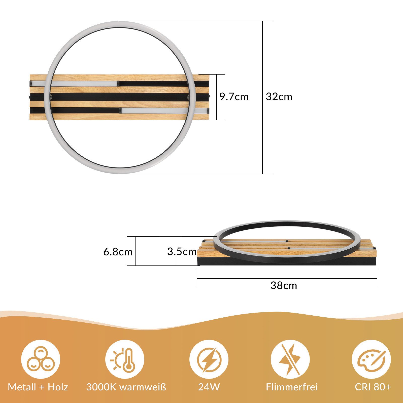 Nettlife LED Deckenleuchte Dimmbar Holz 2/3/4 Ringe Modern Deckenlampe Wohnzimmer, LED fest integriert, 24W 38*32*6.8CM für Schlafzimmer Büro Küche – Bild 3 von 5
