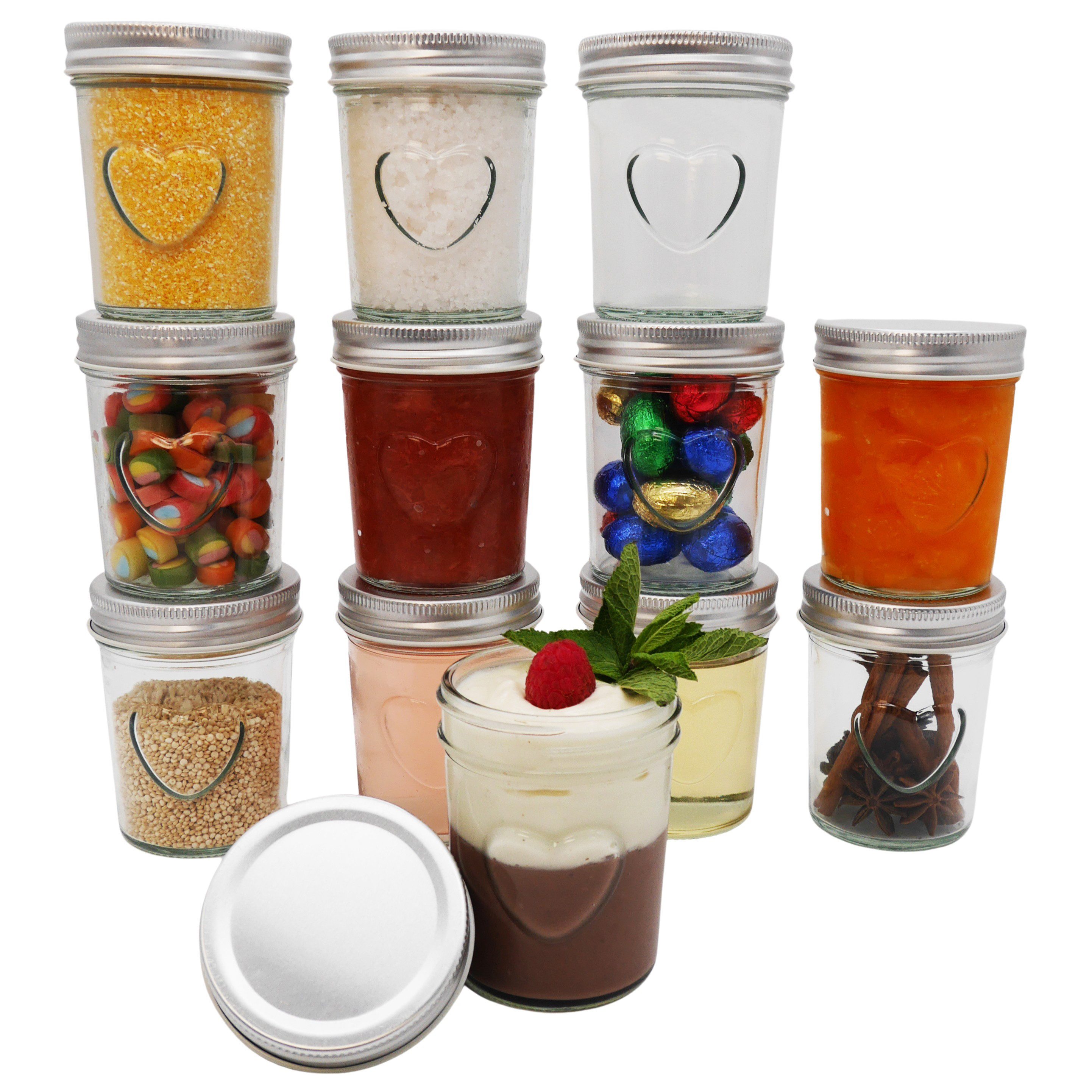megusta! Einmachglas Einmachglas mit Herz im Glas, 200 ml, 12er Set, Deckel Aluminium, als Marmeladengläser, Gewürzgläser, für Pesto, Babybrei, Yoghurt