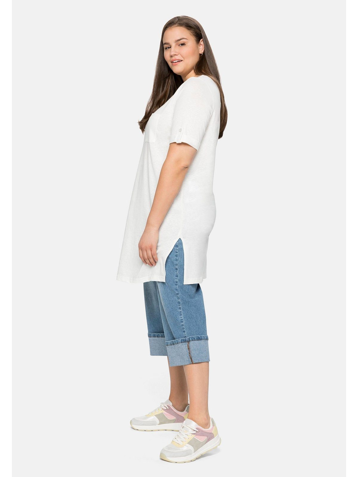 Damen Shirts Sheego Longshirt Longshirt im Leinenmix, hohe Seitenschlitze