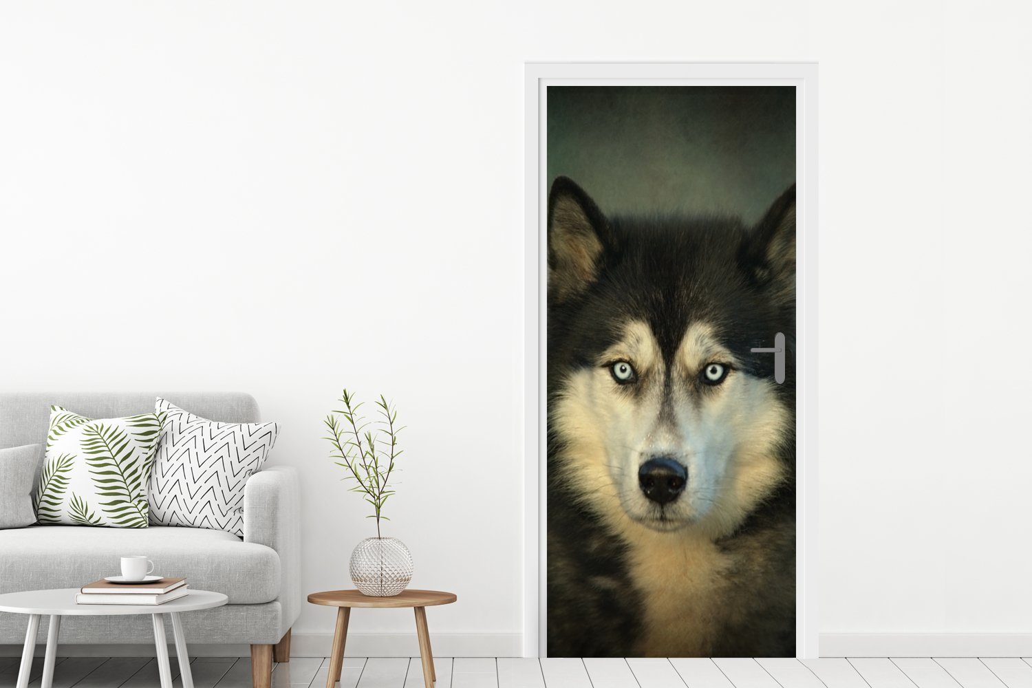 für Husky Tür, St), 75x205 (1 Kamera, Matt, bedruckt, Fototapete cm Türaufkleber, schaut MuchoWow die in Türtapete