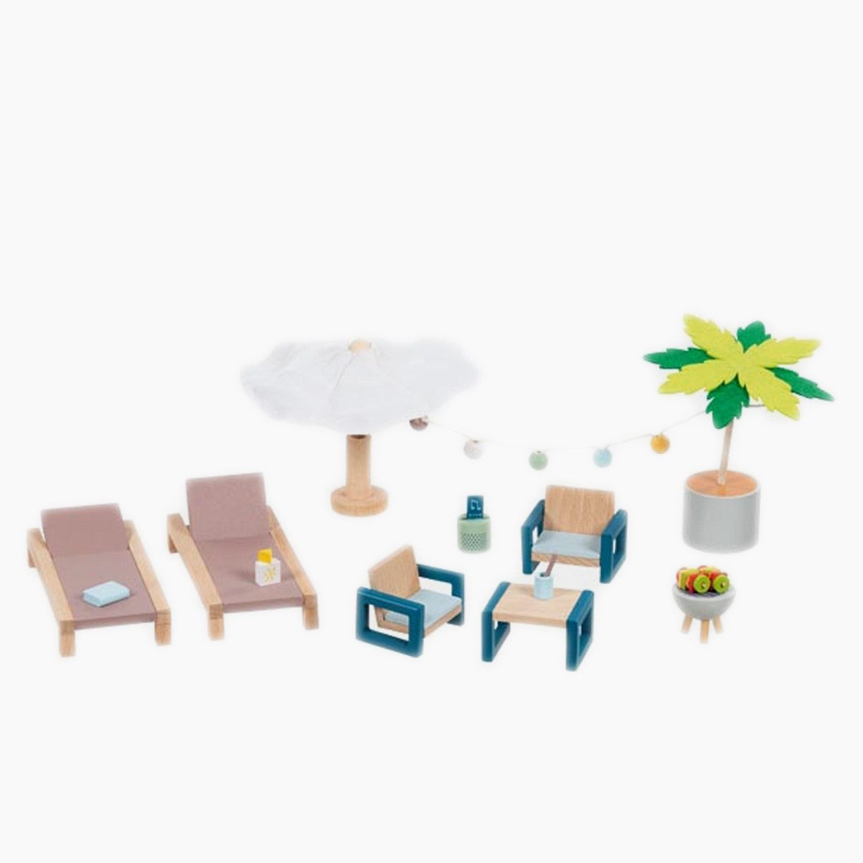 goki Puppenhausmöbel Outdoor Möbel Set Mallorca (packung, 11tlg., set), ein Hauch von Urlaubsfeeling.