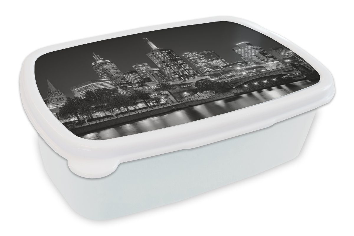 MuchoWow Lunchbox Melbourne - Australien - Schwarz - Weiß, Kunststoff, (2-tlg), Brotbox für Kinder und Erwachsene, Brotdose, für Jungs und Mädchen