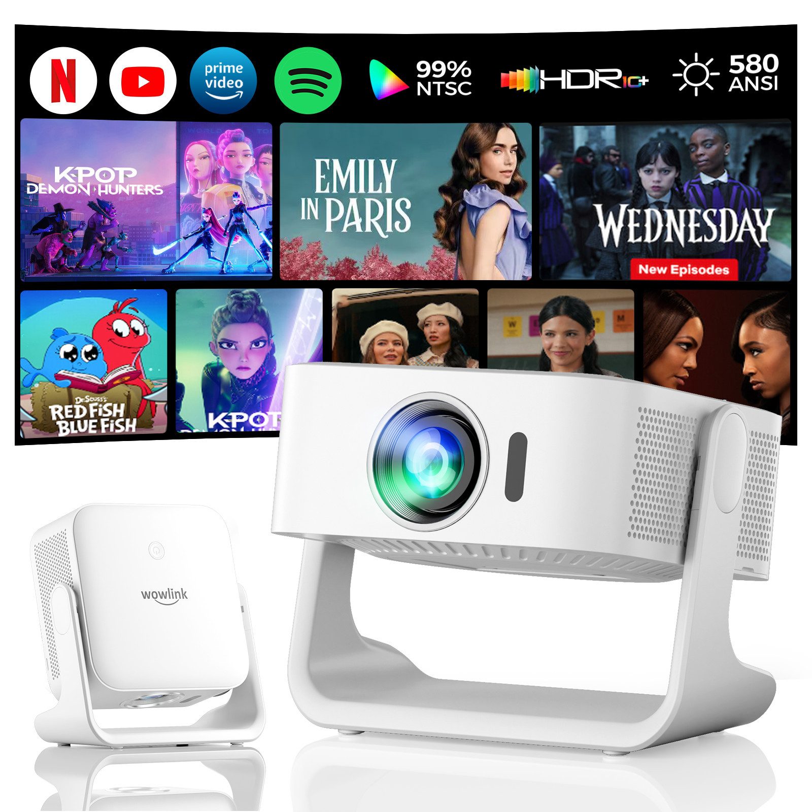 wowlink [Smart TV OS & HDR10+ & 3D Sound] 4K Beamer mit WiFi 6 Beamer (580 lm, 20000:1, 4K px, Bluetooth 5.4, Built-in Smart OS & Apps & Auto Focus & Keystone)