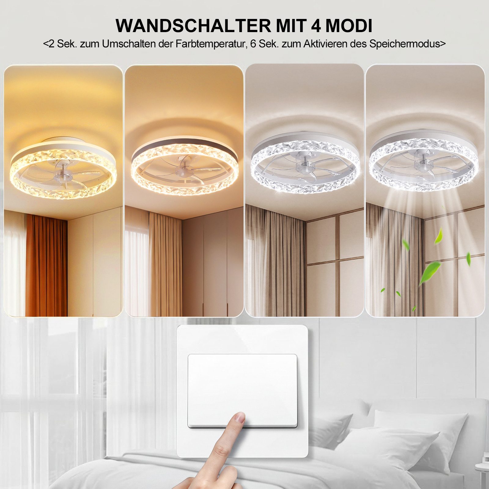 oyajia Deckenventilator 68W Leise Deckenventilator,Kristall Deckenleuchte RGB Farbwechsel 50cm, APP Dimmbar 6 Geschwindigkeiten, Mit Fernbedienung für Schlafzimmer