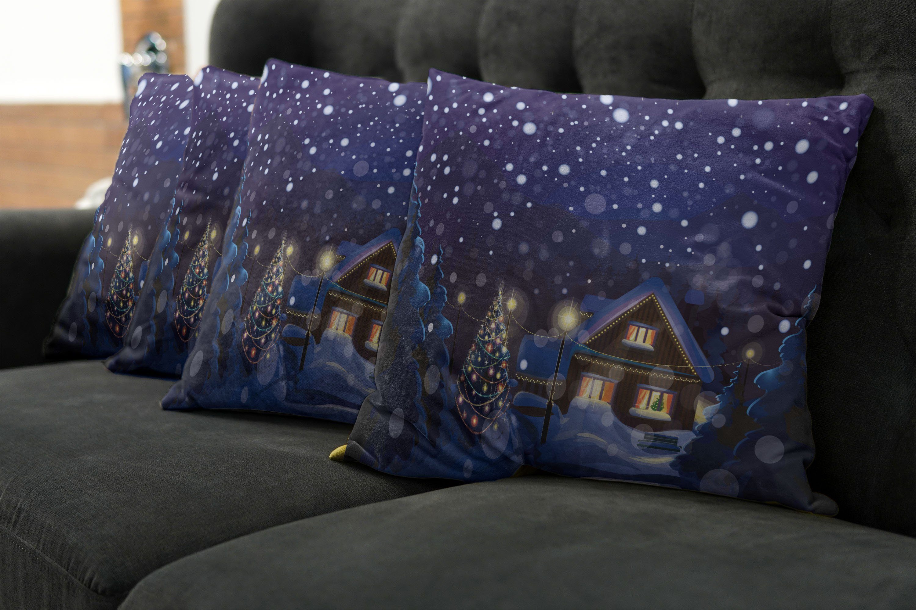 Kissenbezüge Modern Weihnachten Digitaldruck, Haus (4 Stück), Abakuhaus Doppelseitiger Winter-Nacht Accent