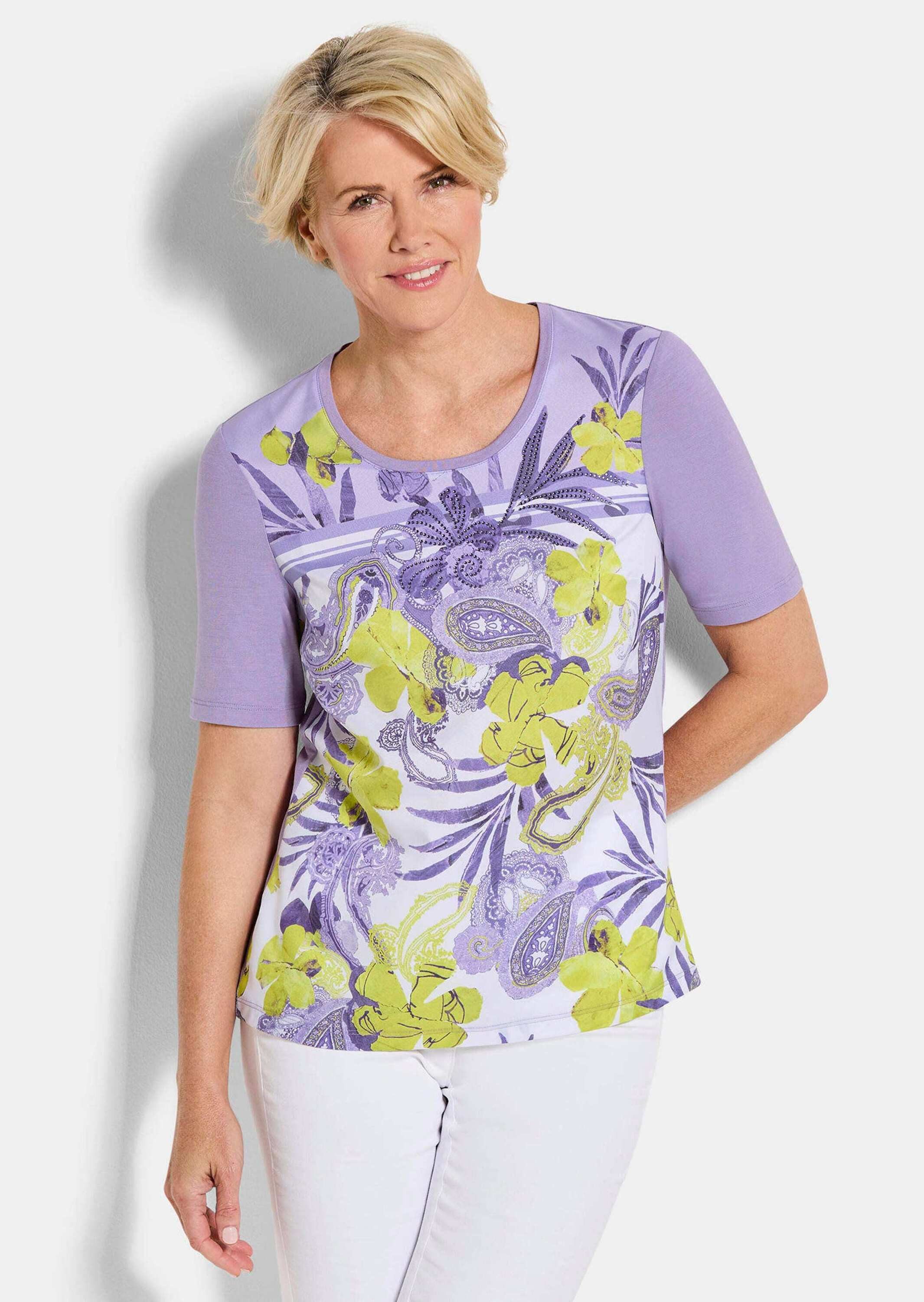 GOLDNER Shirtbluse Glanzshirt mit floralem Paisley-Muster Schlupfbluse mit Rundhals, Glitzersteinen und Halbarm
